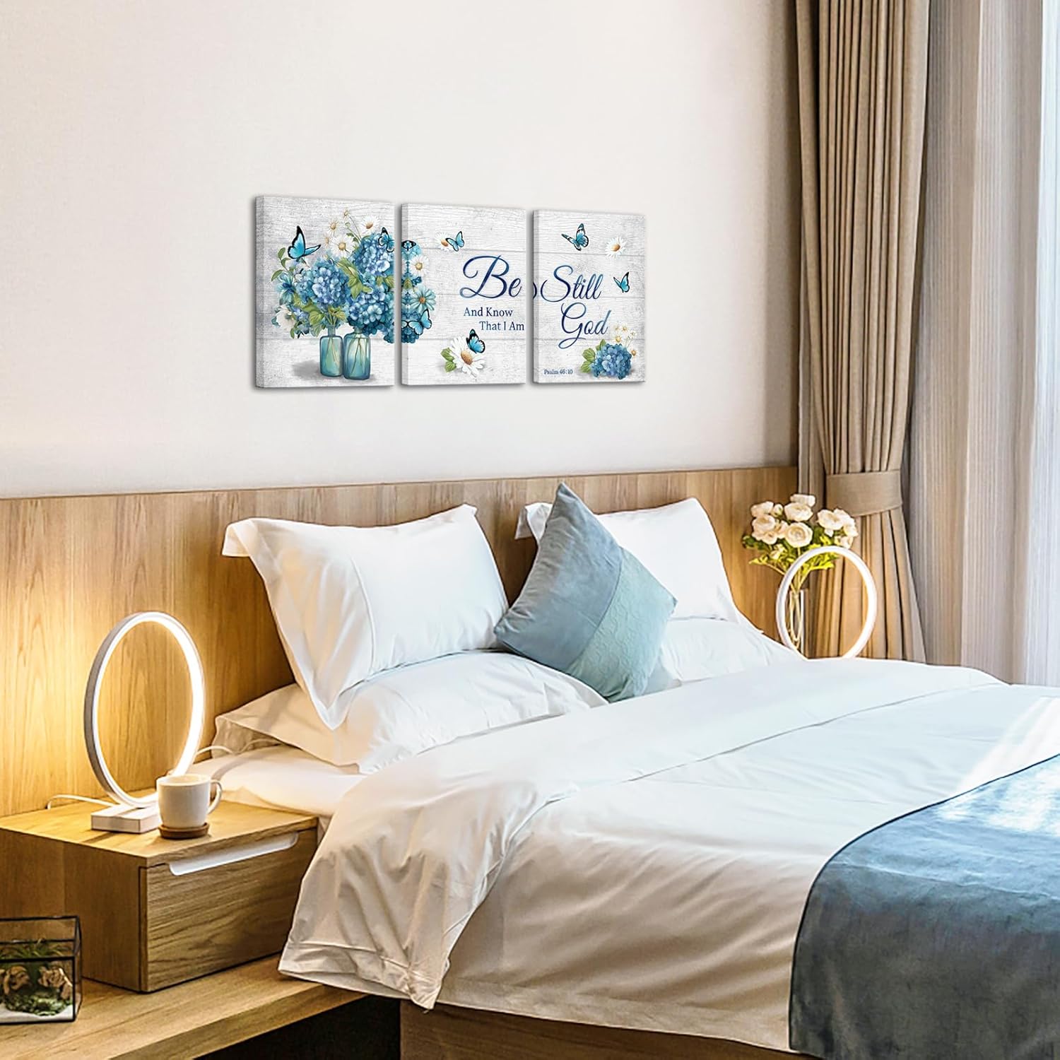 Nachic Wall Rustic Flowers and Butterflies Wall Art for Farmhouse Inspirational Quotes Art Pictures Canvas Prints Vintage Floral Paintings Framed for Bedroom Kitchen Decor (Blue)