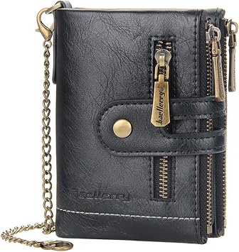 SUMGOGO Wallets for Men Bifold Leather Wallets with Chain RFID Blocking Double Zipper Coin Pocket Short Purse Black