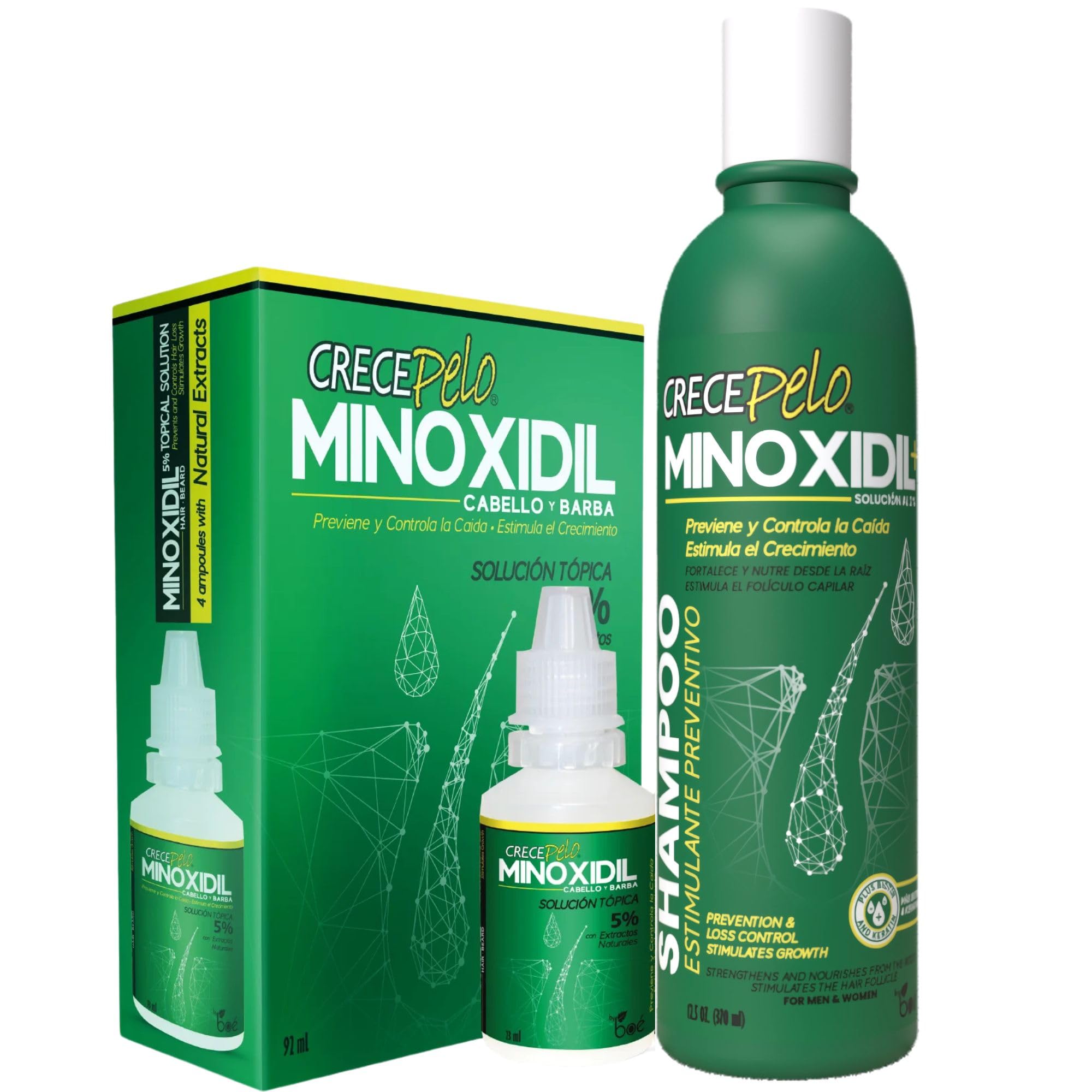 Crece Pelo Hair Regrowth Duo 2 Minoxidil Shampoo 12 5 oz 5 Minoxidil Topical Solution 3 2 oz