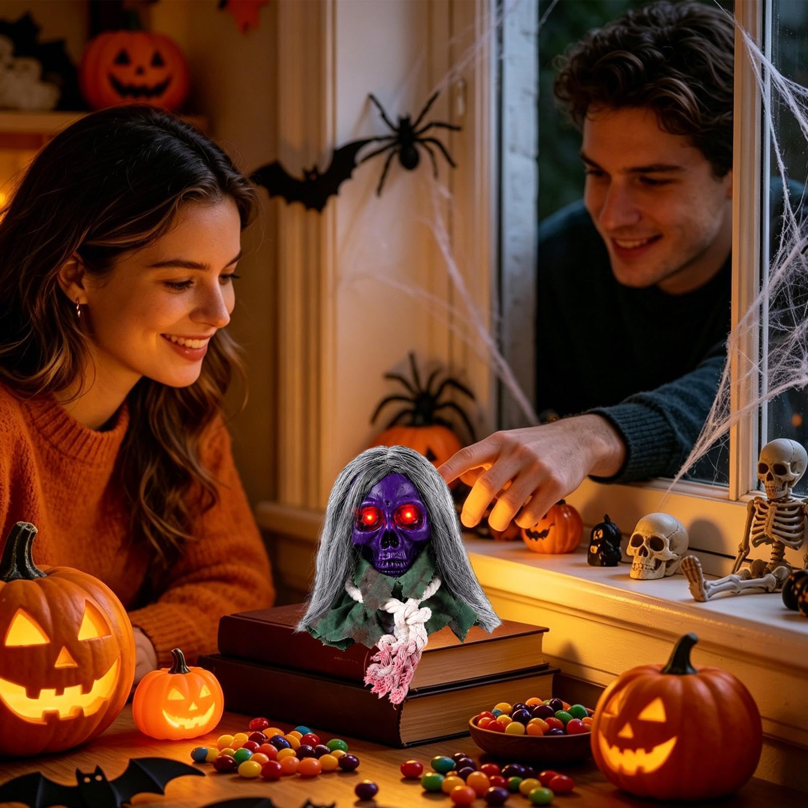 Czaszki Dekoracje Halloweenowe Z Świecącymi Oczami, Animowane I Aktywowane
