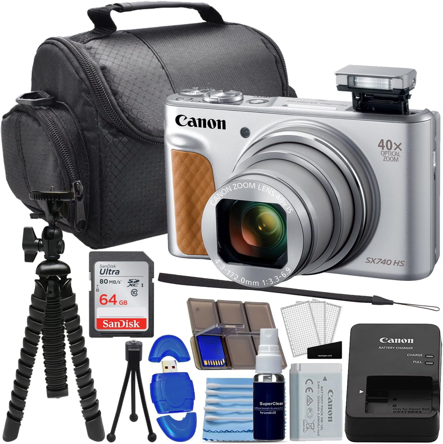 Canon PowerShot SX740 HS Digital Camera (Silver) Bundle with SanDisk 64GB Memory Card, 12"" Flex Tripod, High Speed Card Reader + Photo Kit (20 Items), Black (Renewed)