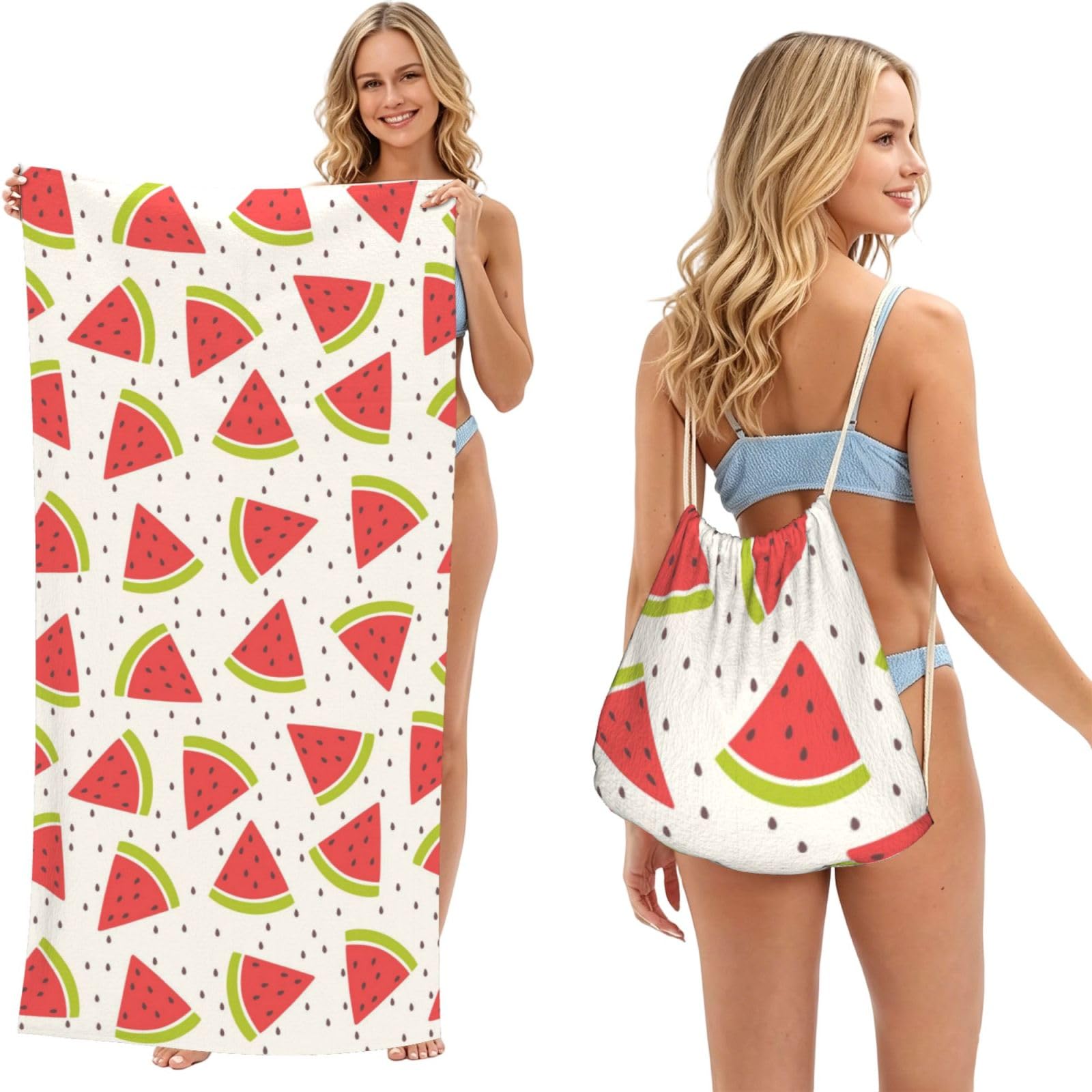 Poadnly Watermelon Pattern, 2 in 1 Packable Towel Bag, Beach Towels with Drawstring Backpack for Travel Holiday Camping