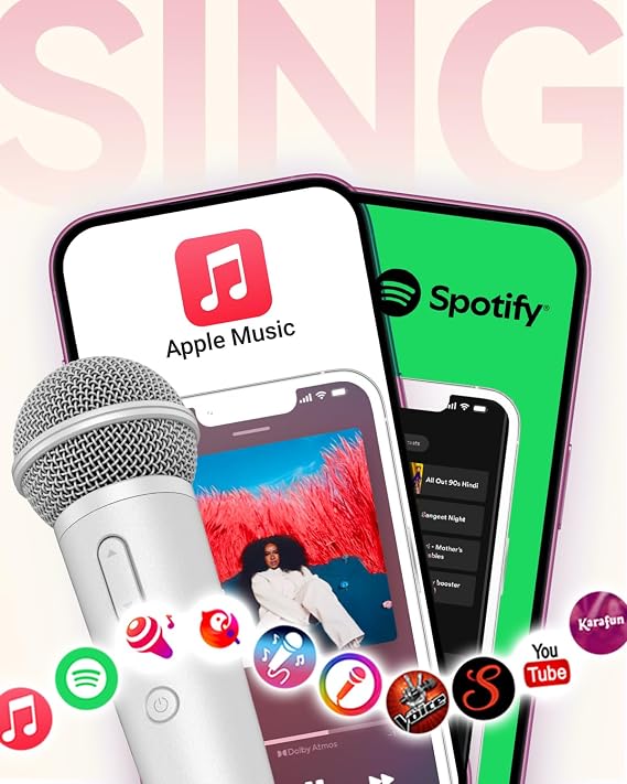 Singing Microphone with Earphone & Stand, Ideal for Vocal Recording, Podcasting, Live Streaming, Gaming, Compatible with Smule & Starmaker & Stingray, USB-C Dongle & Lightning Adapter, White