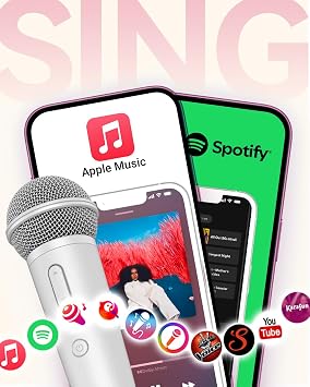 Singing Microphone with Earphone & Stand, Ideal for Vocal Recording, Podcasting, Live Streaming, Gaming, Compatible with Smule & Starmaker & Stingray, USB-C Dongle & Lightning Adapter, White