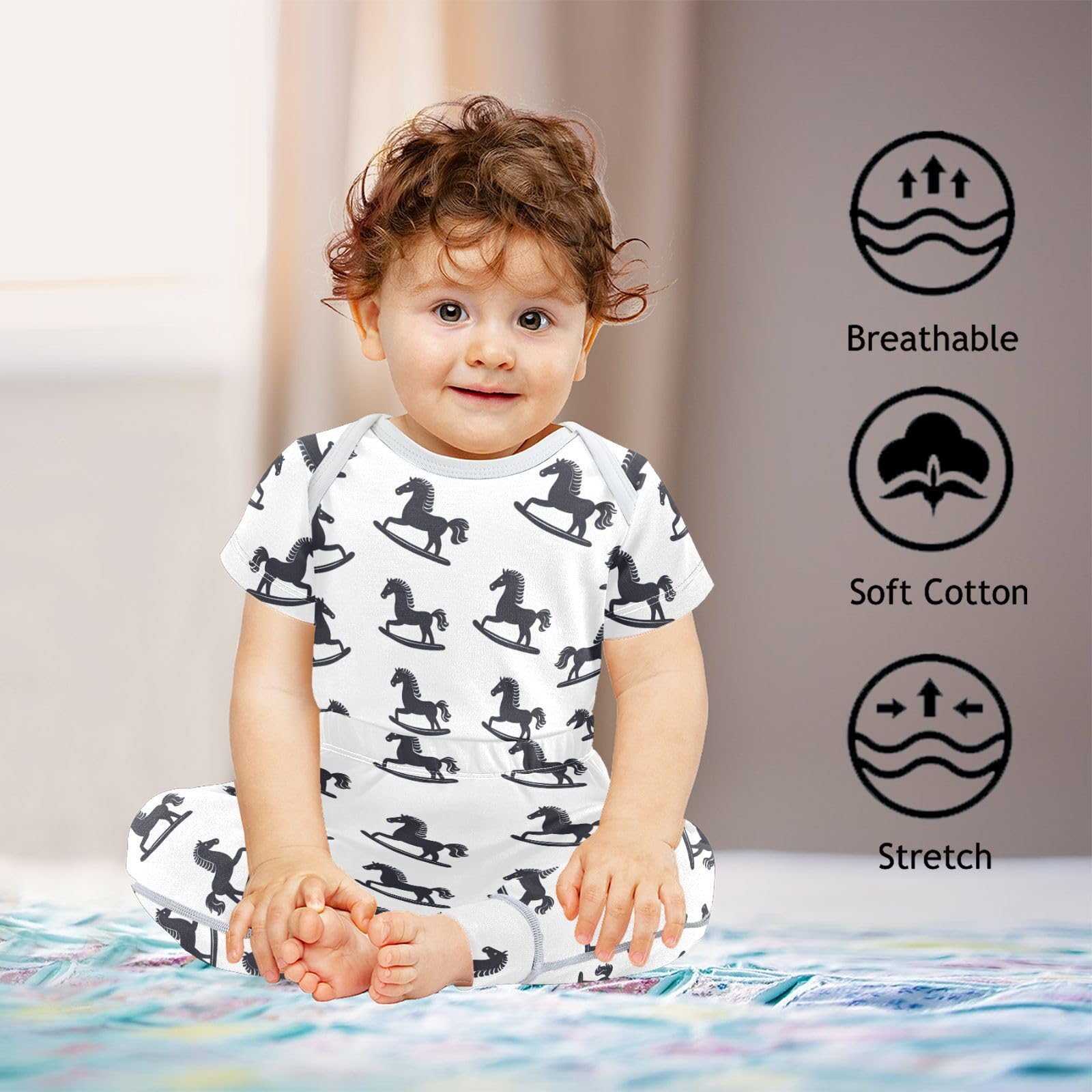 vvfelixl Baby Clothes Cartoon Toy Rocking Horse Baby Bodysuits Set Unisex Short Sleeve Babys Pants Sets 0-3M