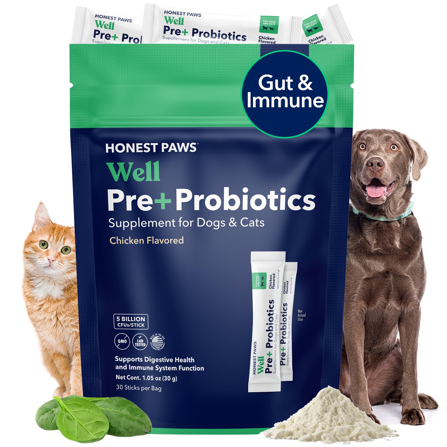 Probiotics for Dogs - Digestive & Immune Support Powder with Prebiotic Made in The USA, Chicken Flavor (30 Sticks)