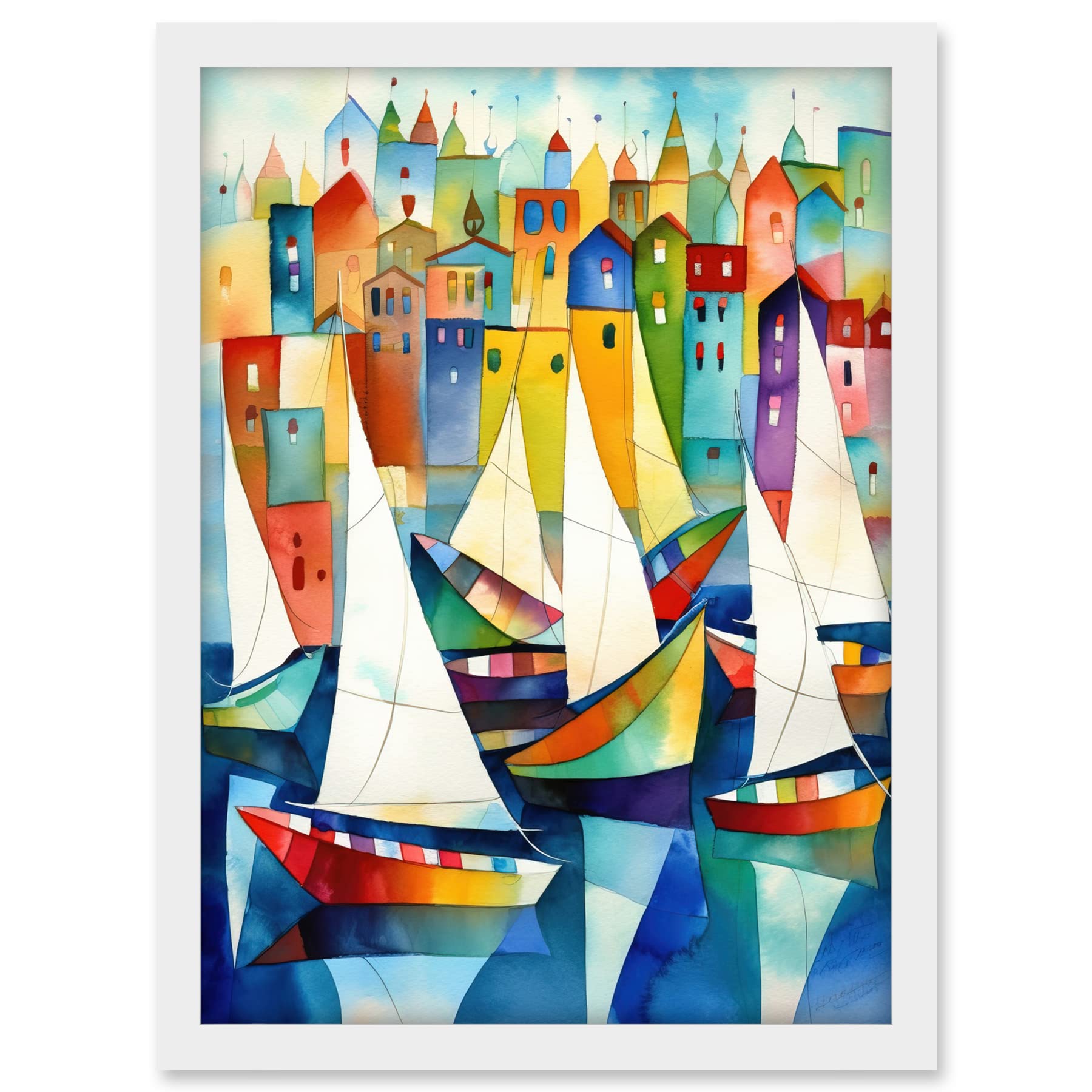 Artery8 Harbour Boats Folk Art Watercolour Painting Artwork Framed A3 Wall Art Print