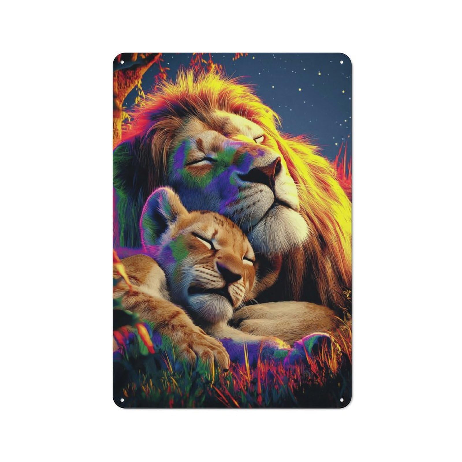 Tin Sign 30x20cm with Colorful Lion And Cub Resting for Living Room Wall, Rustic Decor, for Living Room Decor Lovers