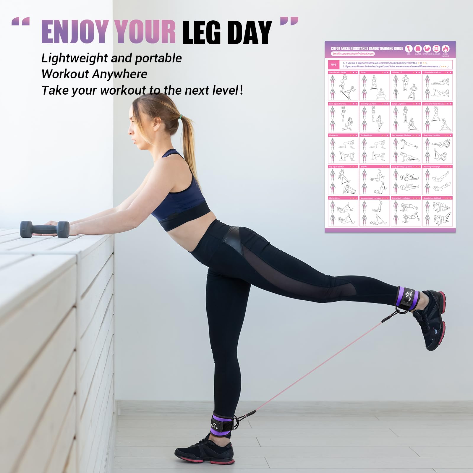 Ankle Resistance Bands With Cuffs for Working Out, Kickbacks, Hip, Leg and Glute Exercise - Training Poster Included - for Women