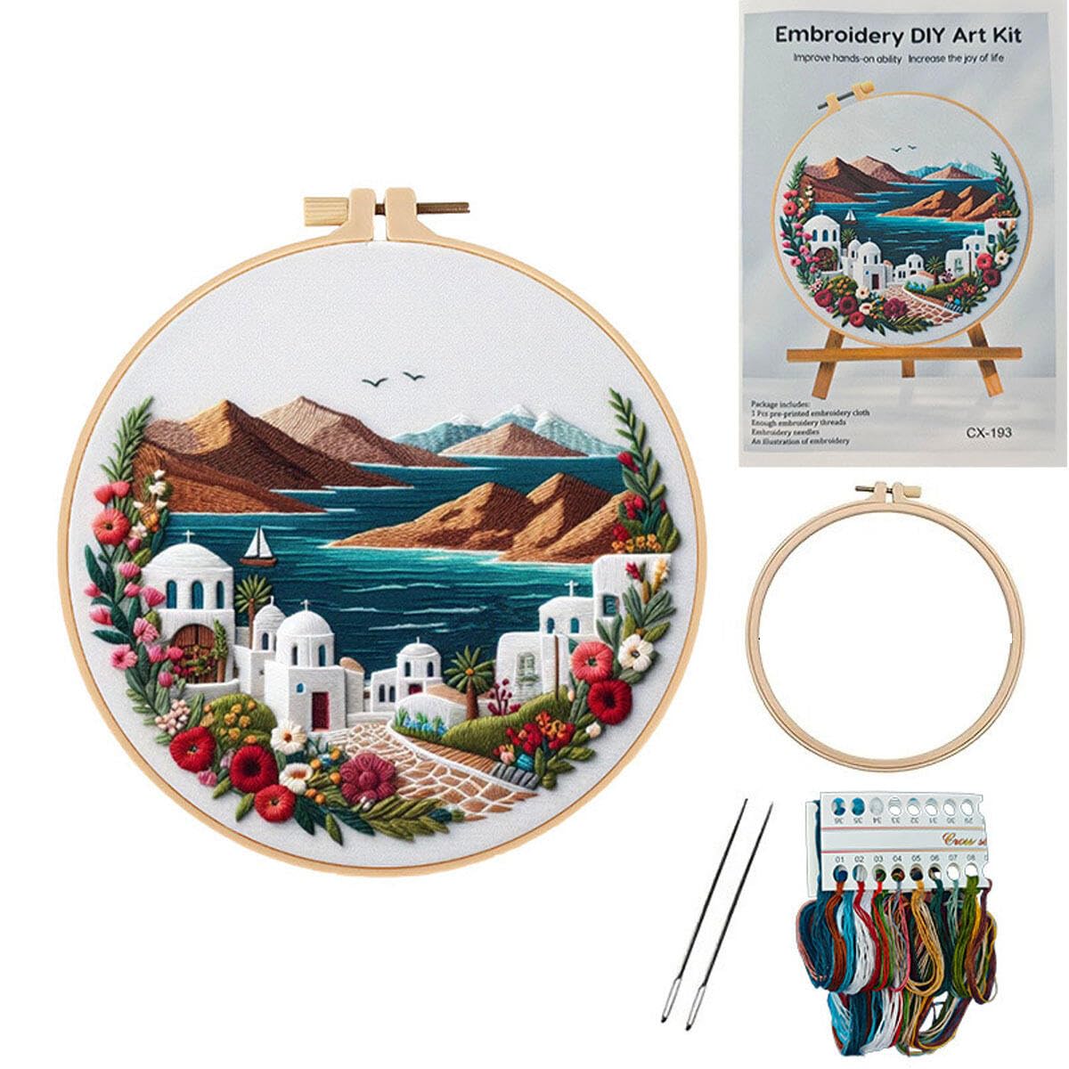 Koctaup Landscape Embroidery kit with Patterns and Instructions for Beginners Cross Stitch Kits for Adults, Including Plastic Embroidery Rings, Colored Threads and Needles Tools (Style 10)