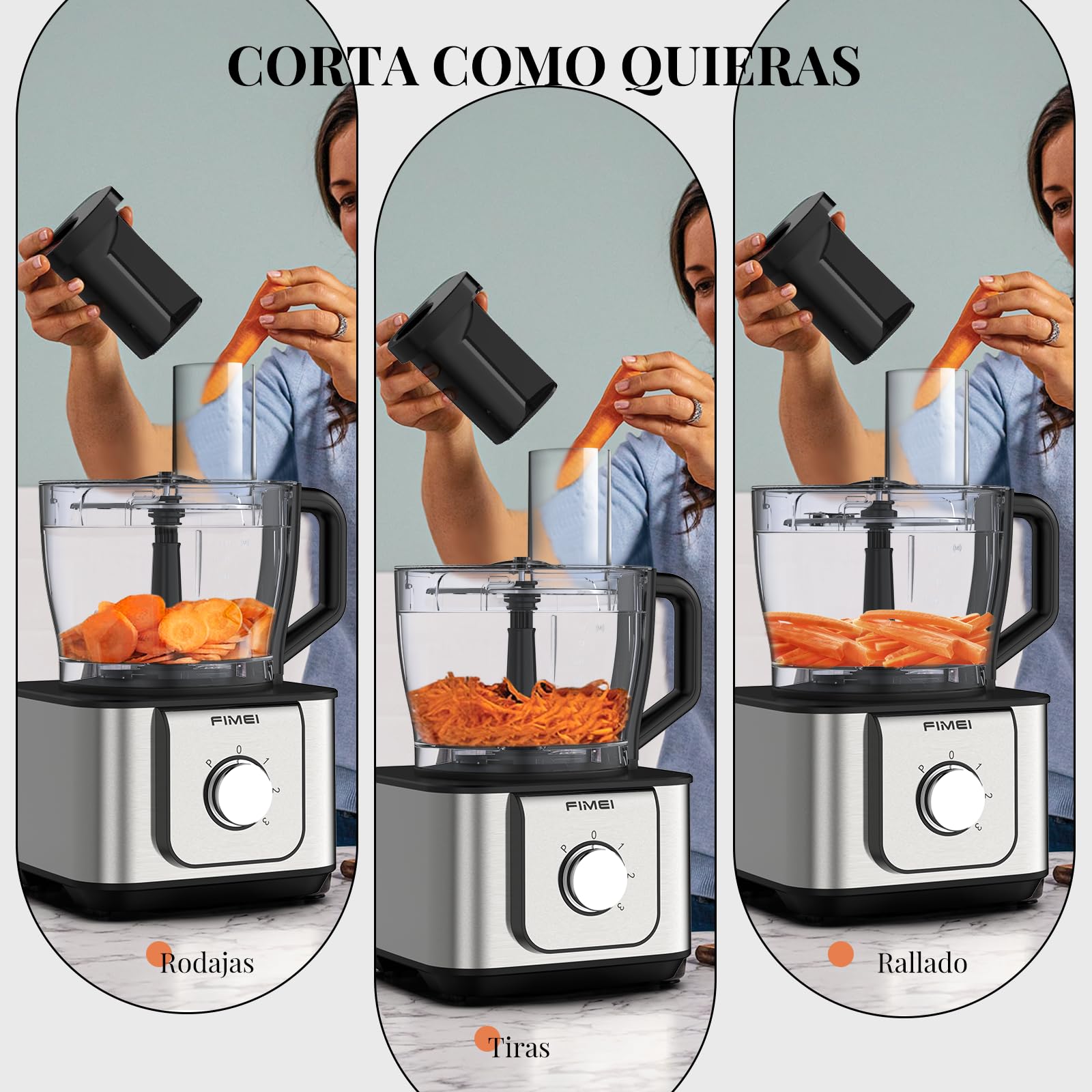 FIMEI Procesador de alimentos multifuncional 1100W, 3 velocidades y función Pulse, 3.2L picadora, 1.5L batidora, molinillo, exprimidor de cítricos, amasadora, rallador y disco reversible para rebanar