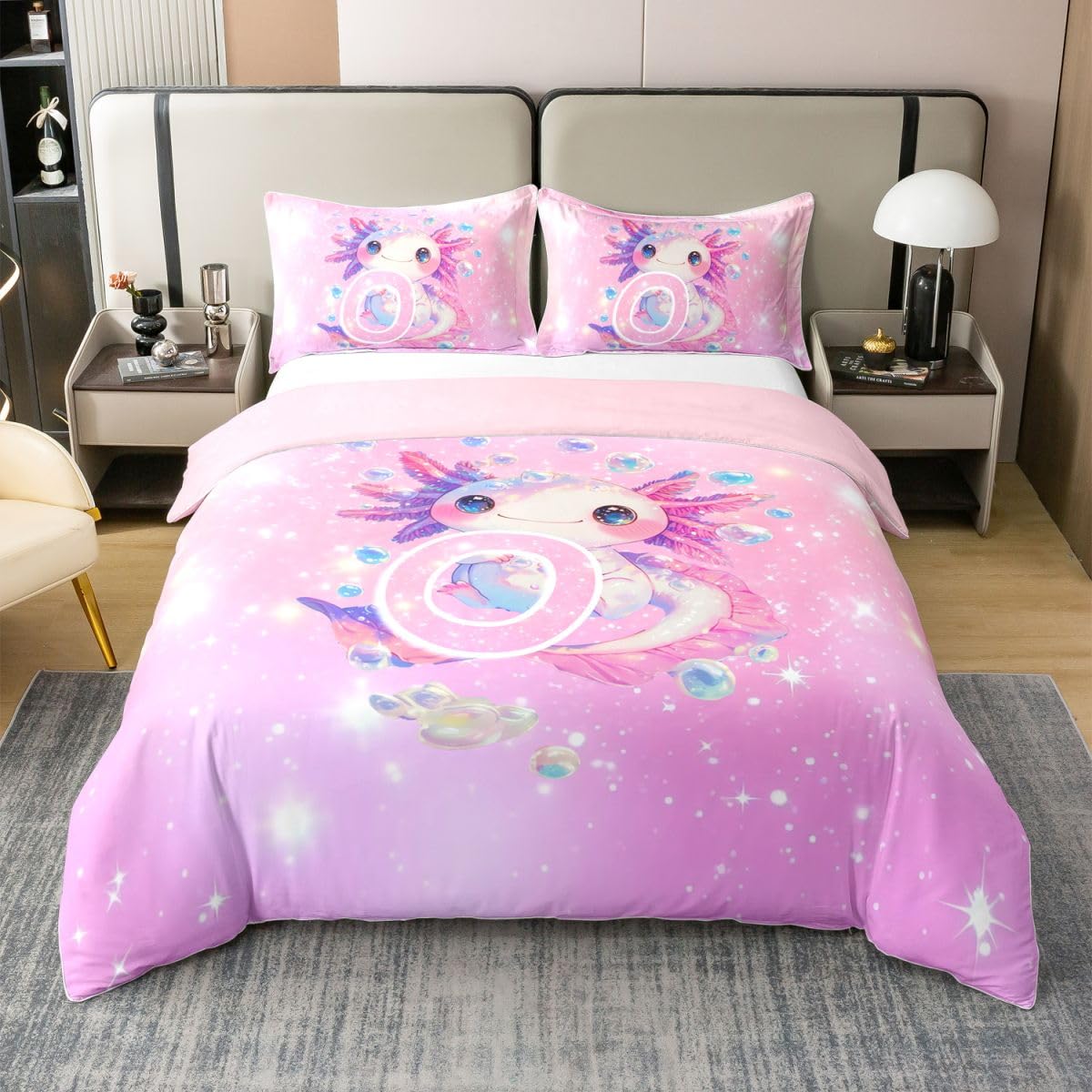 Loussiesd Urocza różowa poszewka na kołdrę Axolotl 100% bawełna King Size Kawaii brokat Axolotl poszewka na kołdrę dla chłopców dziewcząt ocean zwierzę litera O zestaw pościeli 3 szt. dekoracja pokoju
