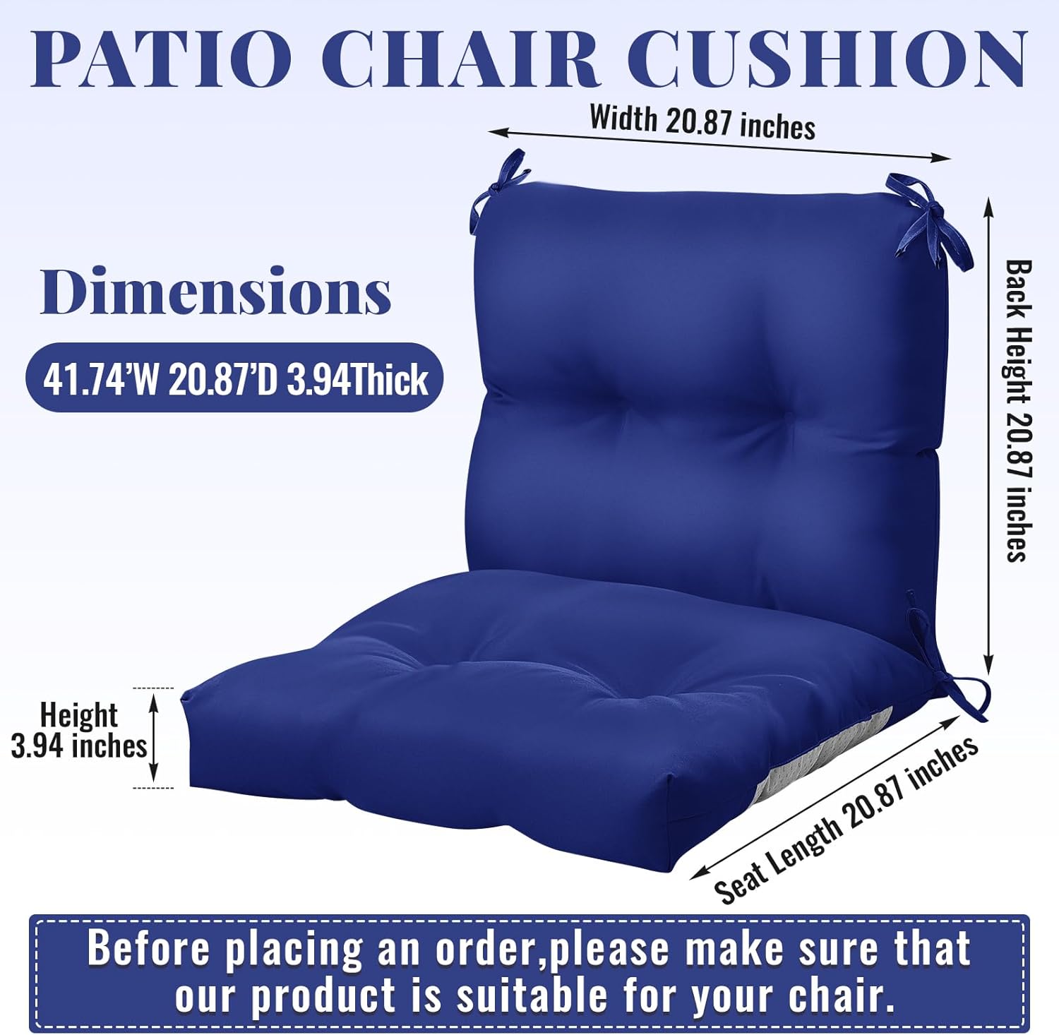 Geetery Outdoor Chair Cushions Set of 4 High Back Patio Furniture Replacement Seat Pads with Ties 42x21x4“ for Lawn Porch Wicker Rocking Dining Chairs Weather Resistant Fade Resistant(Navy Blue)