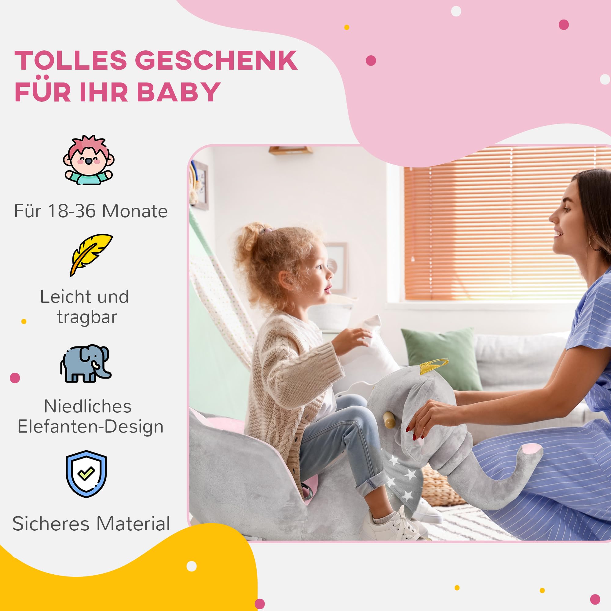 Koń na biegunach HOMCOM, słoń na biegunach, zabawka na biegunach dla dzieci z funkcją muzyczną, latawiec na biegunach dla dzieci w wieku od 18 miesięcy, drewno topolowe, szary+różowy, 60 x 33 x 45 cm