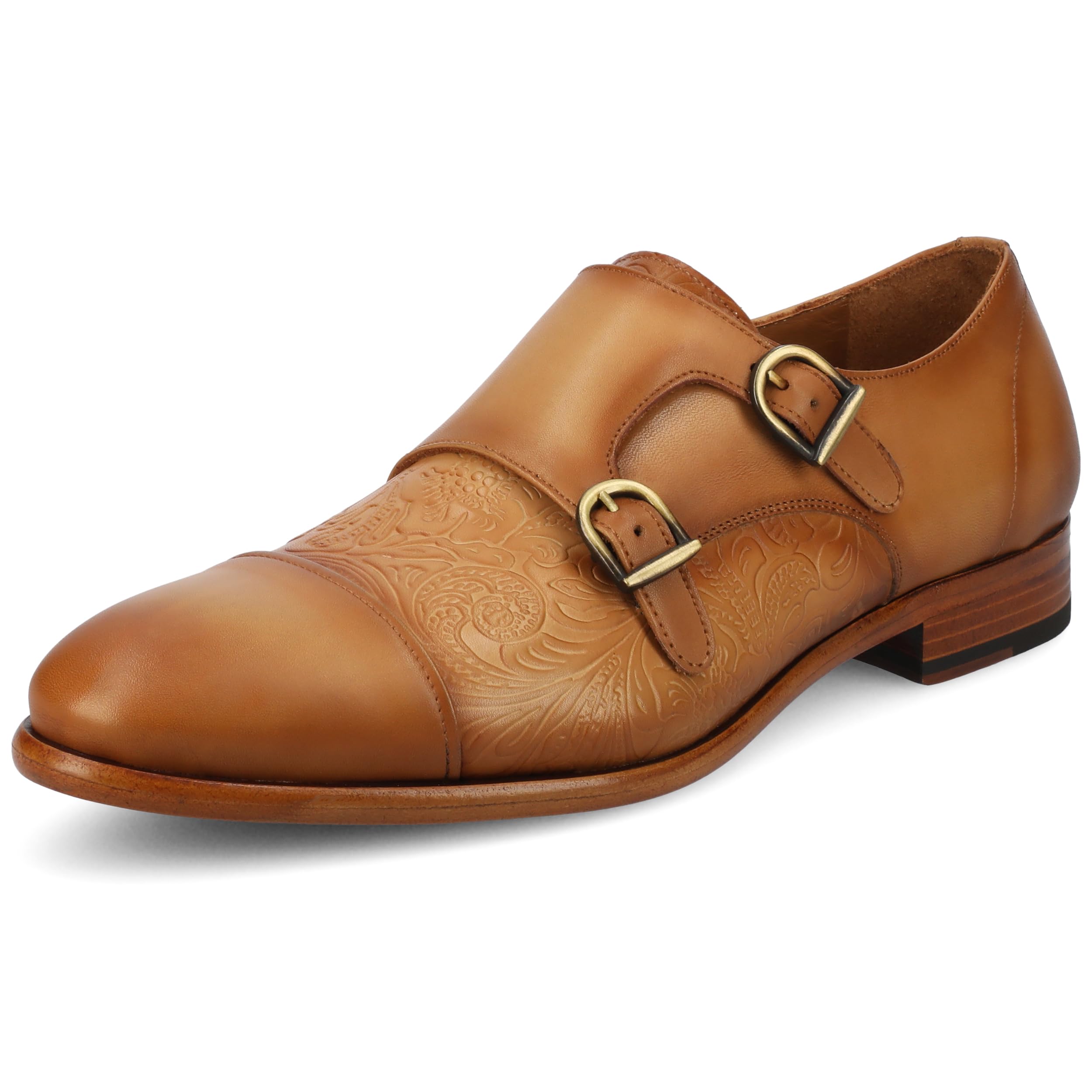 TAFTLucca Monk in Honey Floral Handcrafted Embossed Floral Leather Monkstrap Buckle Men's Oxford Lace-up Dress and Casual Shoe