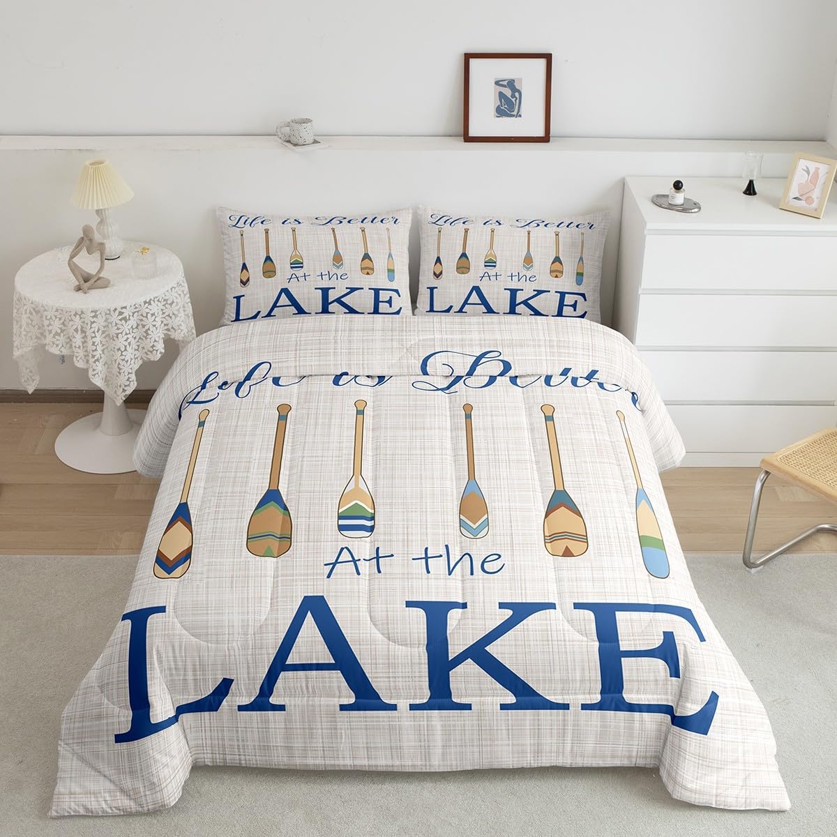 Castle Fairy Lake Life Comforter Set King Size,Cartoon Paddle Print Lake House Bedding Set All Season Quilt Set,Camping Cabin Boating Themed Rustic Microfiber Polyester Down Comforter