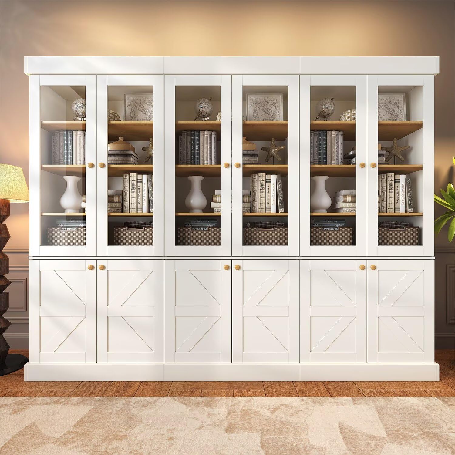 ivaniti 71" Tall Farmhouse Bookshelves with Glass Doors, Large Wooden Bookcase with Adjustable Shelves, Storage Cabinet for Living Room, Kitchen, Home Office, Dining Room, White, Set of 3