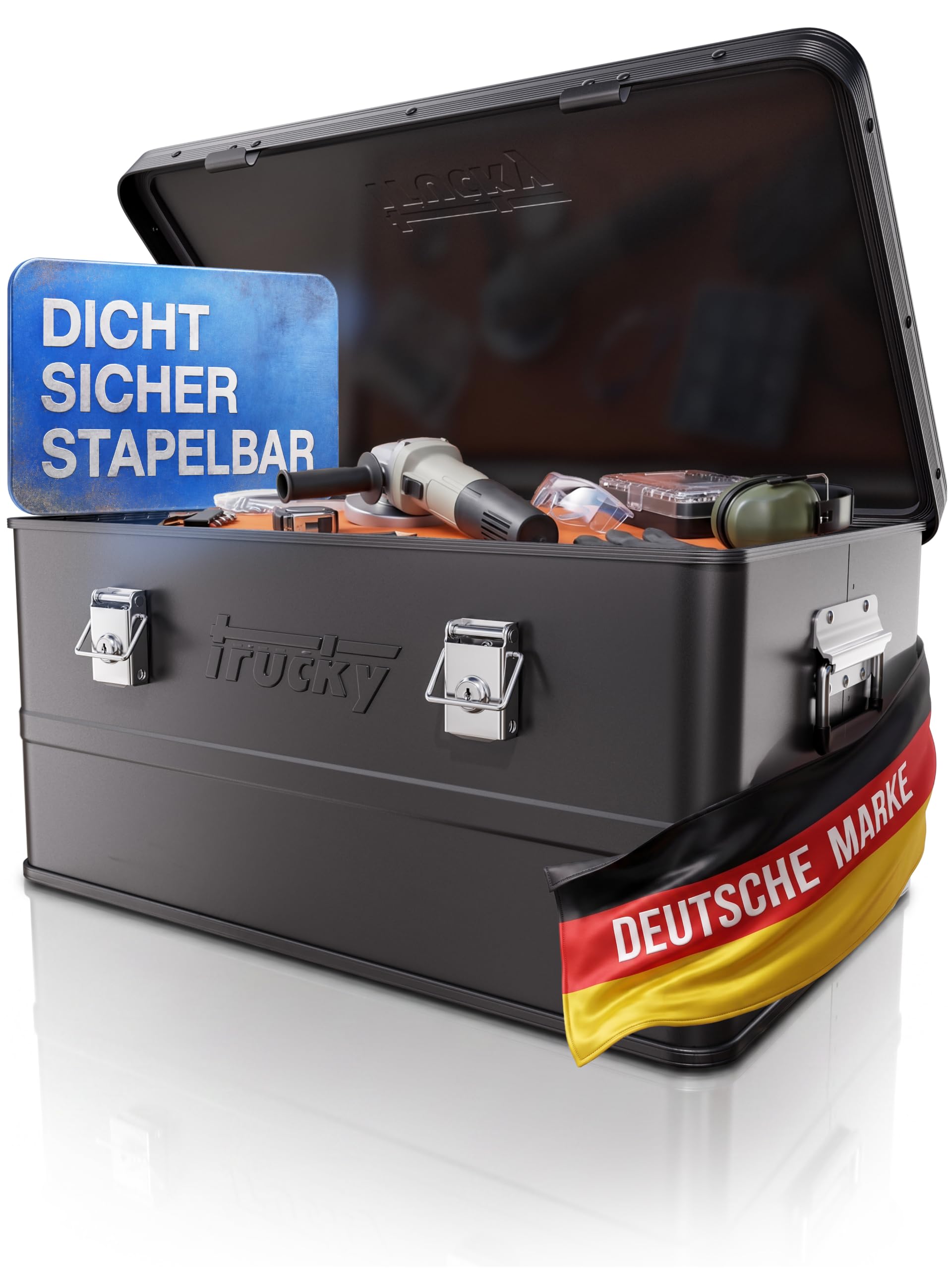 Trucky Caja de aluminio con tapa, 65 L, color negro | 57 x 38 x 38 cm, caja de transporte, caja de metal, caja de almacenamiento, caja de metal