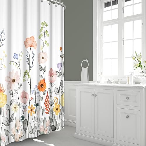 Miniatura 6 de Yeele Cortina de ducha floral, juegos de baño de flores, cortinas de ducha blancas con flores silvestres para baño, flores naturales, 72 x 72