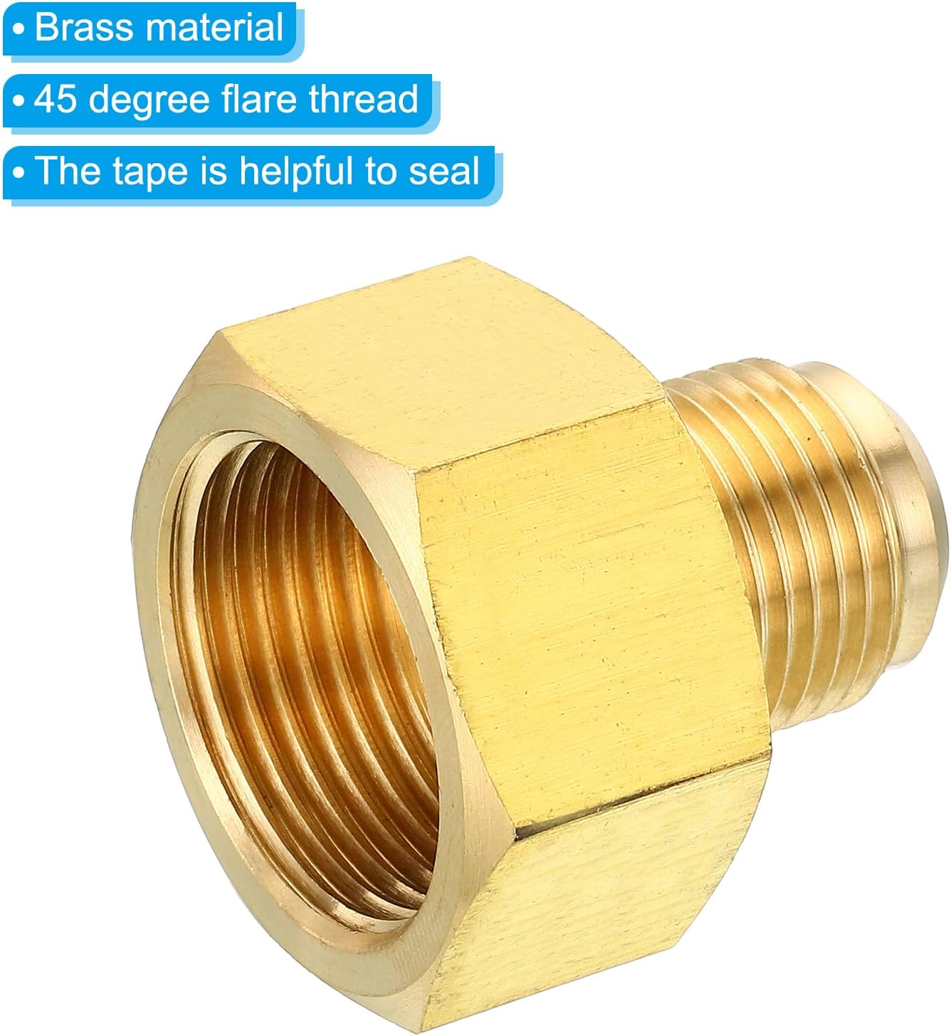 PATIKIL 1/2 SAE Male x 5/8 SAE Female Brass Flare Tube Fitting, 3 Pack Pipe Fitting Reducer Gas Adapter Hex Coupling with PTFE Tape for HVAC Fuel Oil Air Natural Gas Line Connection