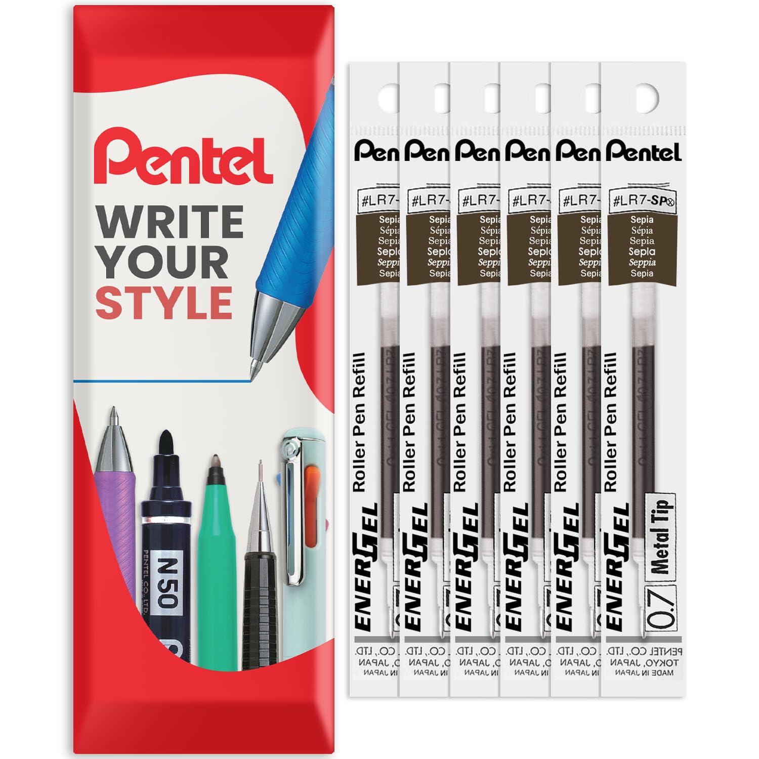 Pentel Energel 0.7mm Refill Metal Tip LR7 - BL77/BL57/BL37 Pen Refill - in Envelope Gift Packaging - Pack of 6 (Sepia)