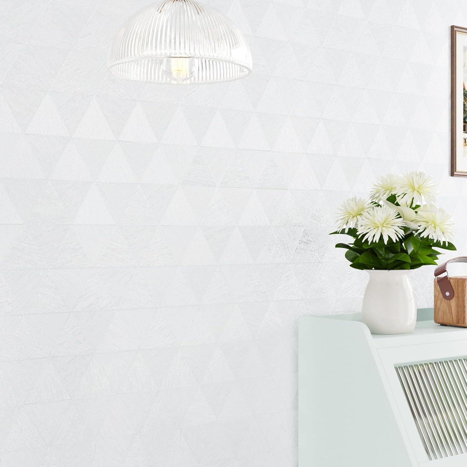 White Contact Paper White Embossed Wallpaper Peel and Stick Textured Geometric Wallpaper Damask Triangle Wall Paper for Bedroom Kitchen Backsplash Cabinet Countertops Living Room 15.75"x78"