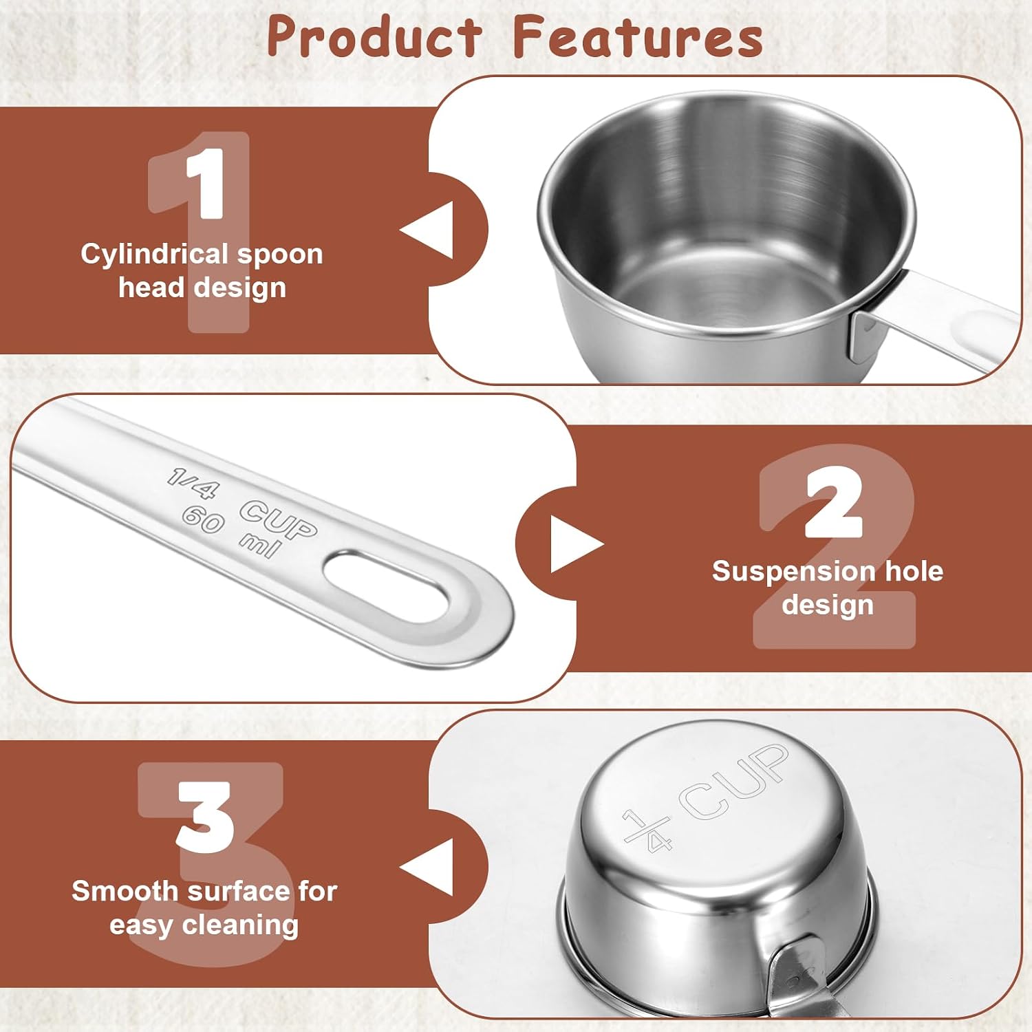 4 Pcs 1/4 Cup Measuring Cups 60 ml Stainless Steel Scoop Coffee Food Scoop for Liquid, Kitchen Wet and Dry Ingredients, Baking