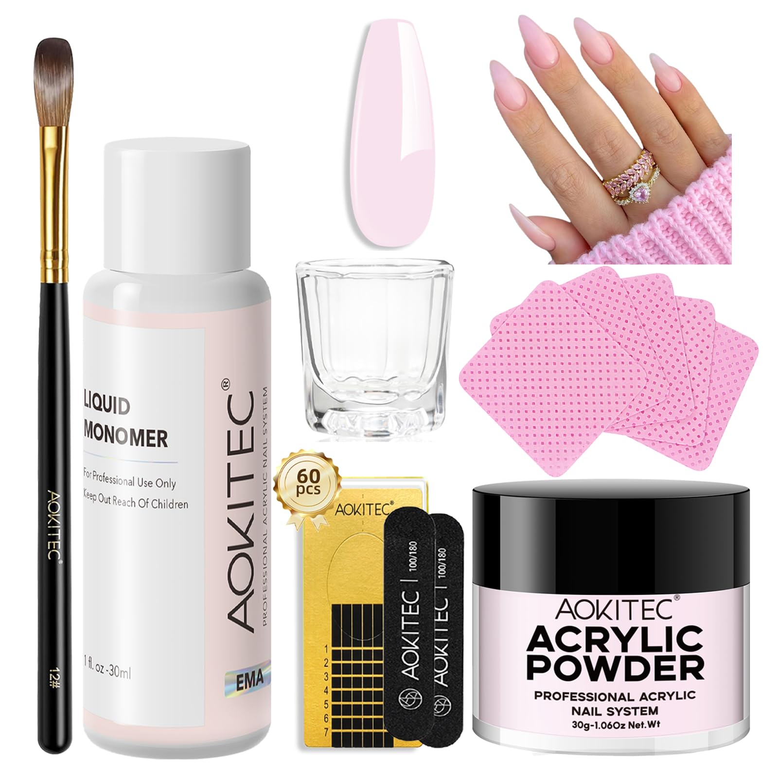 Aokitec Kit per Unghie Acriliche Rosa Mini: Polvere Acrilica, Monomero Acrilico Liquido, Pennello per Unghie, Kit Portatile per Unghie, Set Acrilico per Principianti