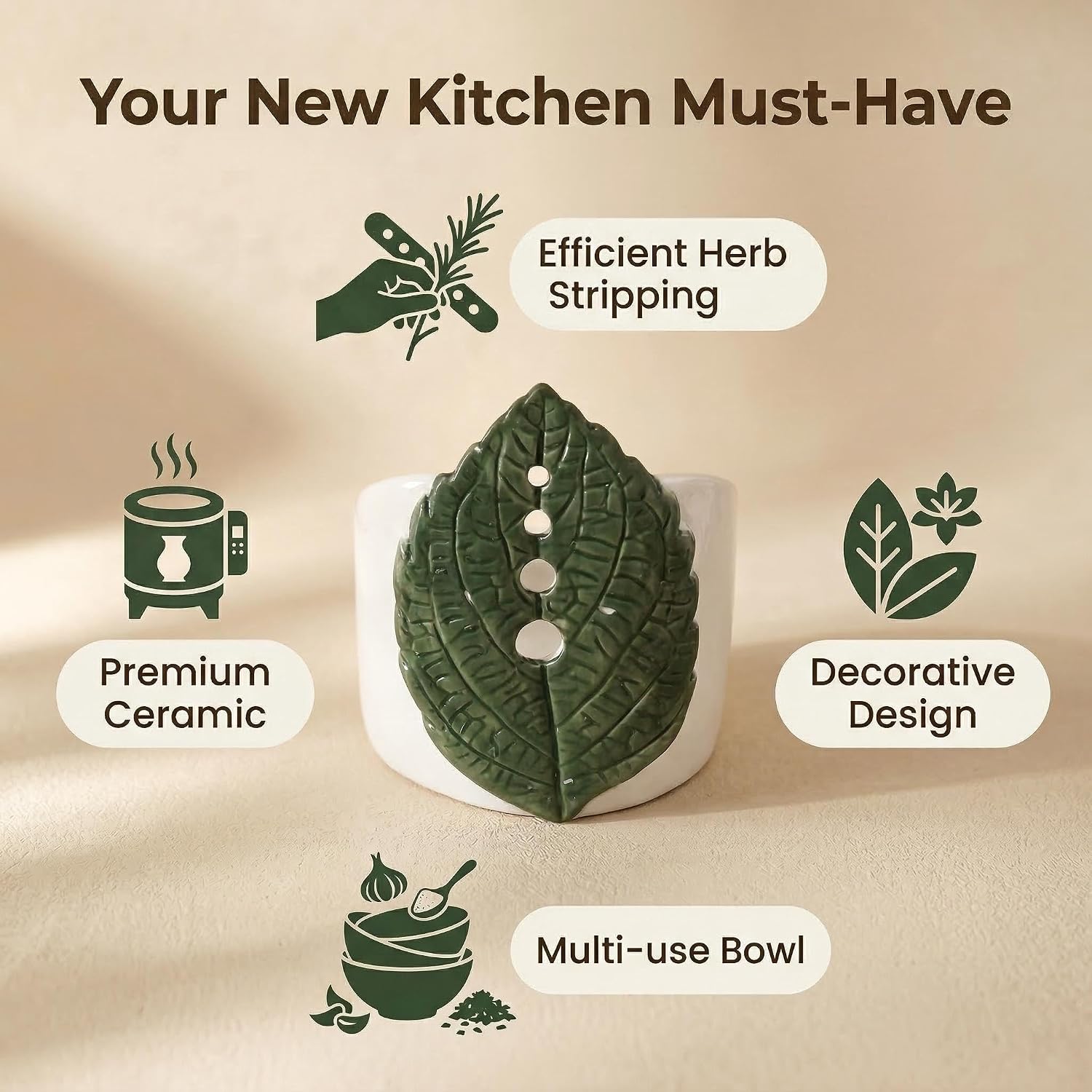 dgudgu Ceramic Leaf Herb Stripper Bowl - Realistic Leaf Shaped Pottery with 4 Sized Vein Holes, Decorative Green Kitchen Tool for Stripping Thyme, Rosemary & Herbs