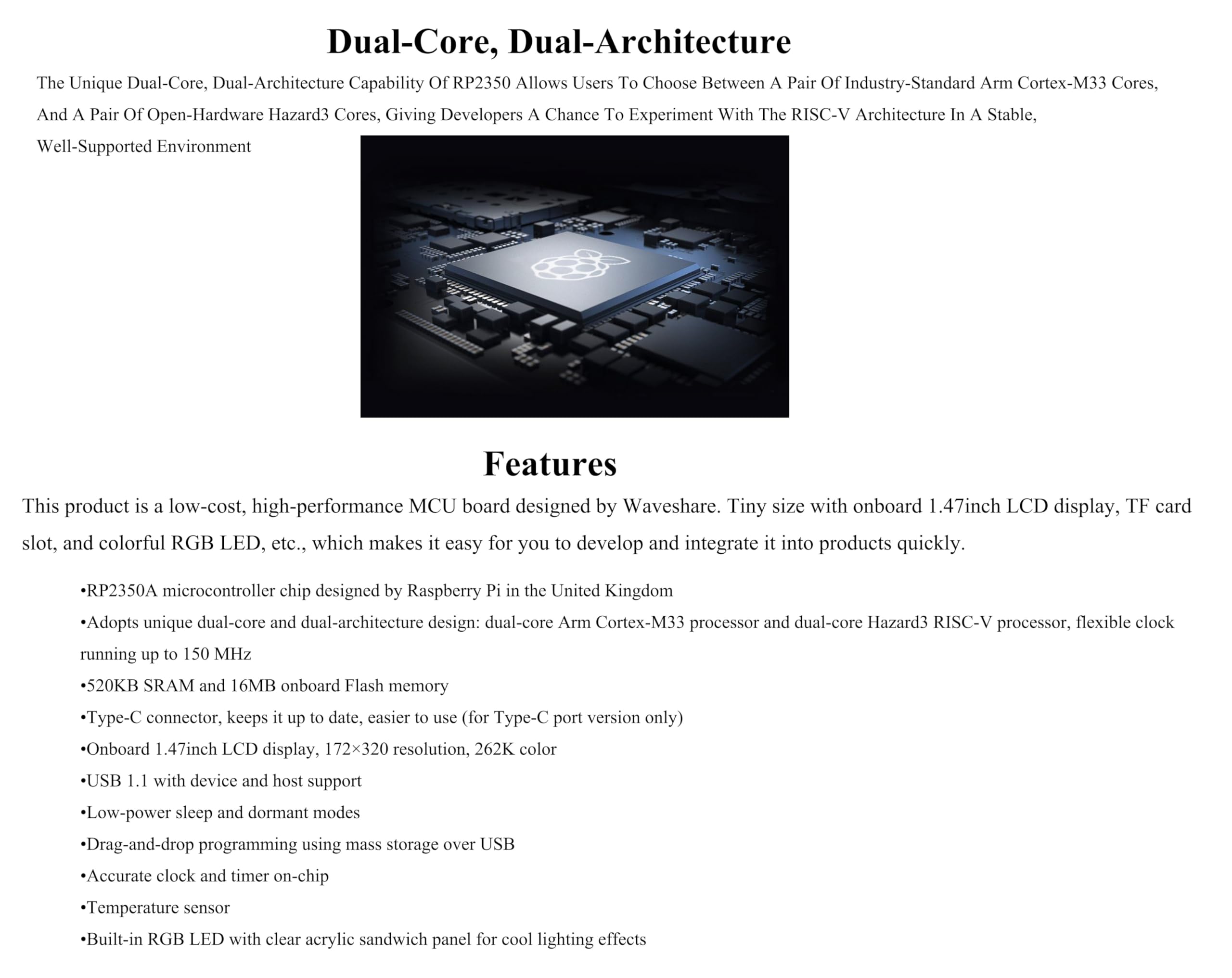 RP2350 Development Board With 1.47 Inch Display - Dual-Core Microcontroller