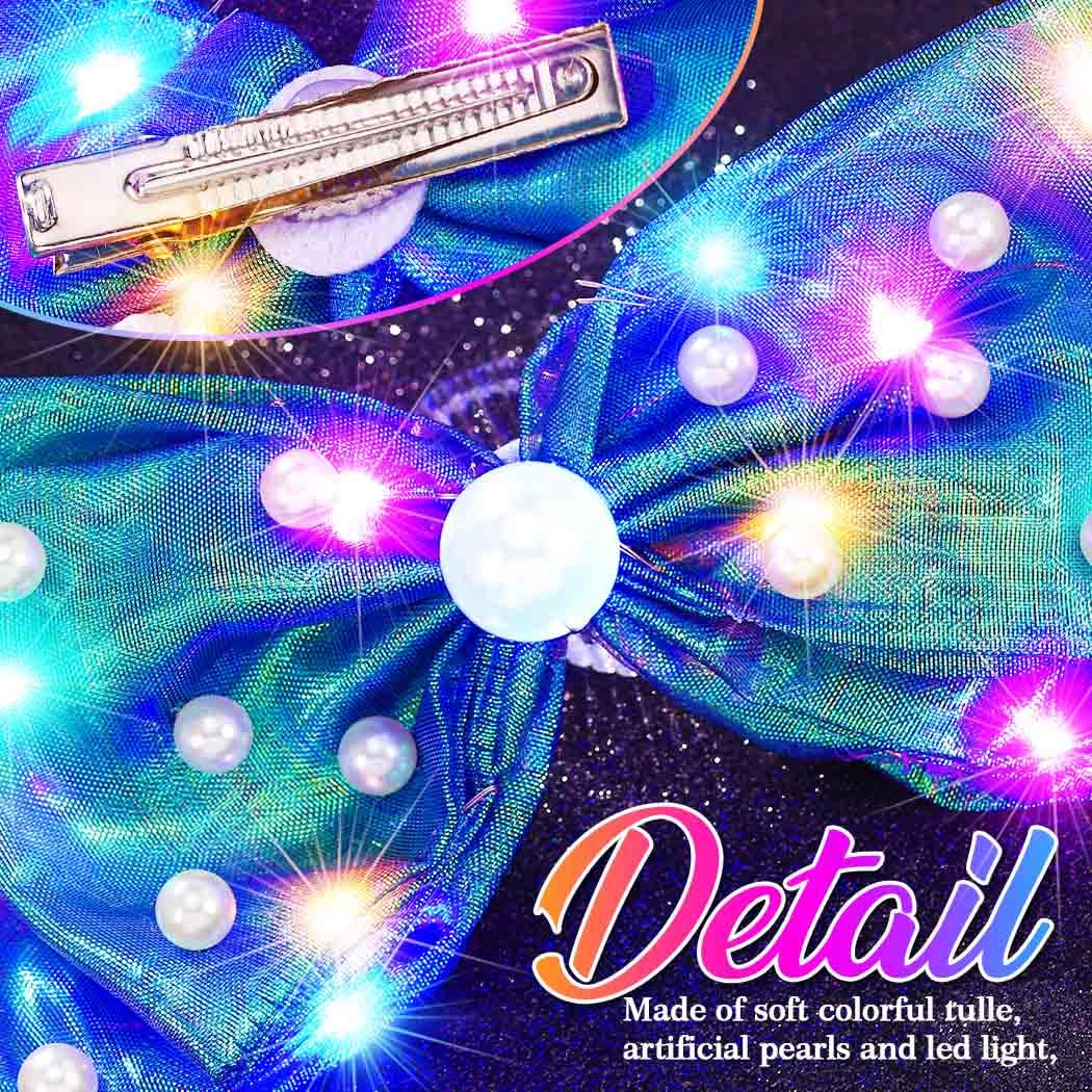 CAKURE Light Up Hair Bow Clips Pearl Bow Hair Barrette Led Mermaid Hair Accessories for Women and Girls (g-purple green) image 4