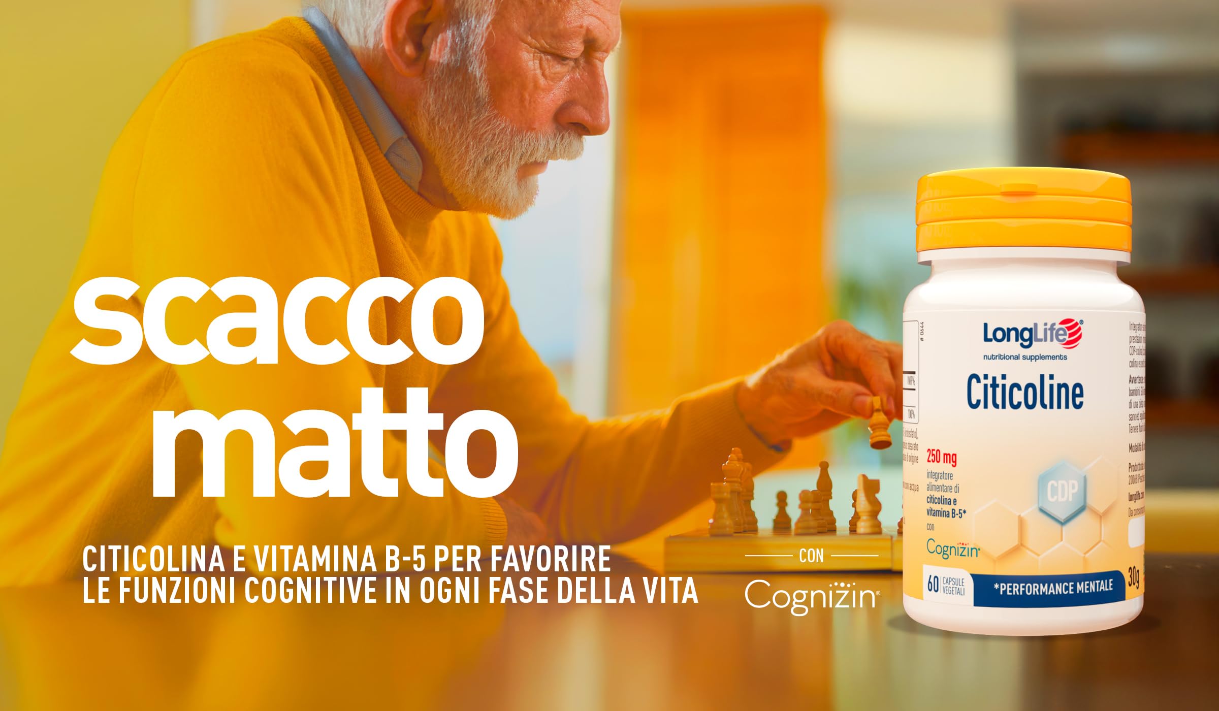 LongLife® Citicoline | Citicolina e acido pantotenico | Cognizin® marchio registrato | Supporto cognitivo e mentale | Memoria e concentrazione | Fino a 2 mesi di trattamento | Vegano e senza glutine