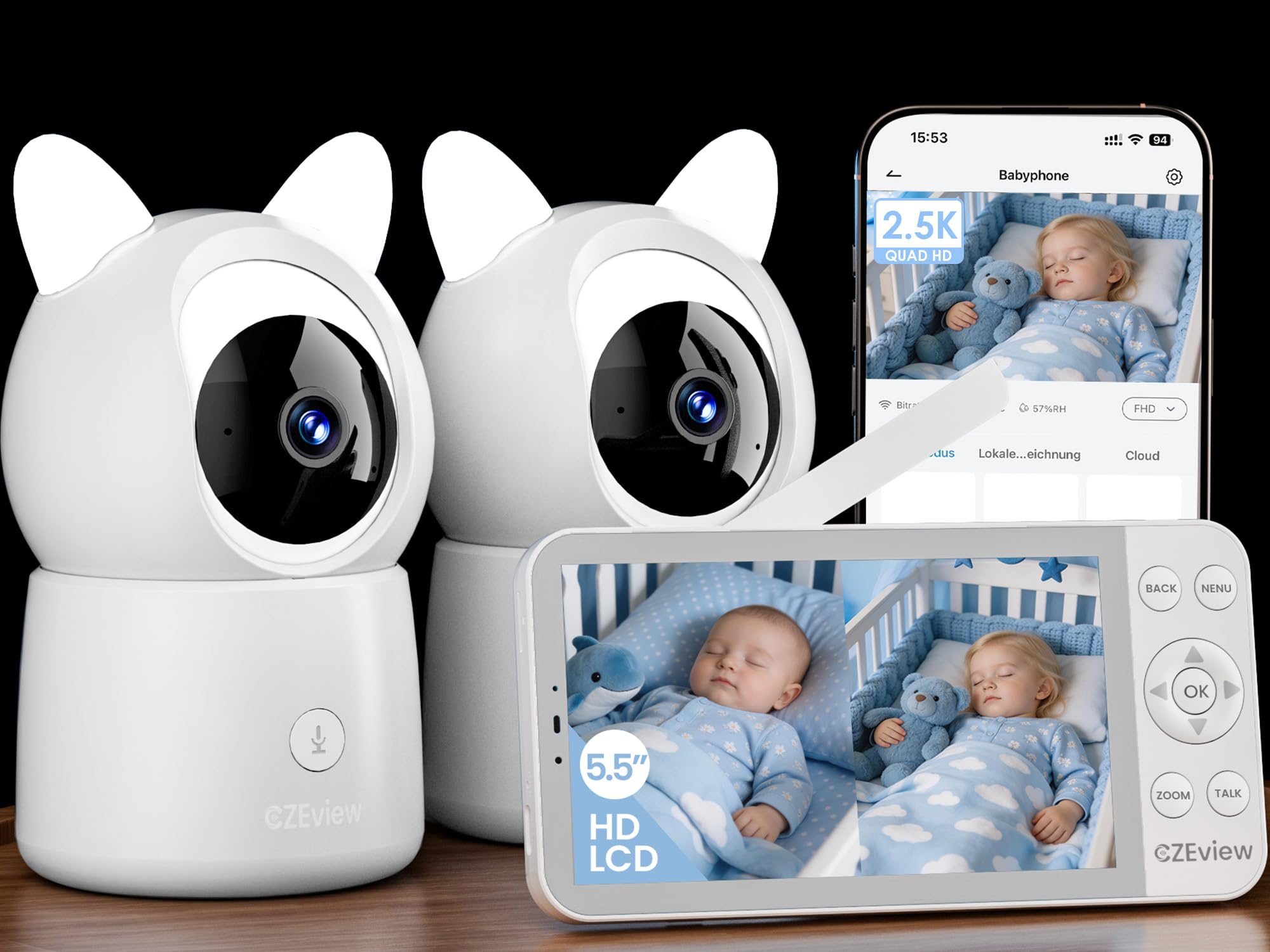 CZEview Babyphone mit 2 Kameras 2.5K & 5.5-Zoll-HD-Großbildschirm, Nachtsicht, 360° WLAN Video Babyfon mit App, Musik & Buntes Nachtlicht, Intelligente Erkennun