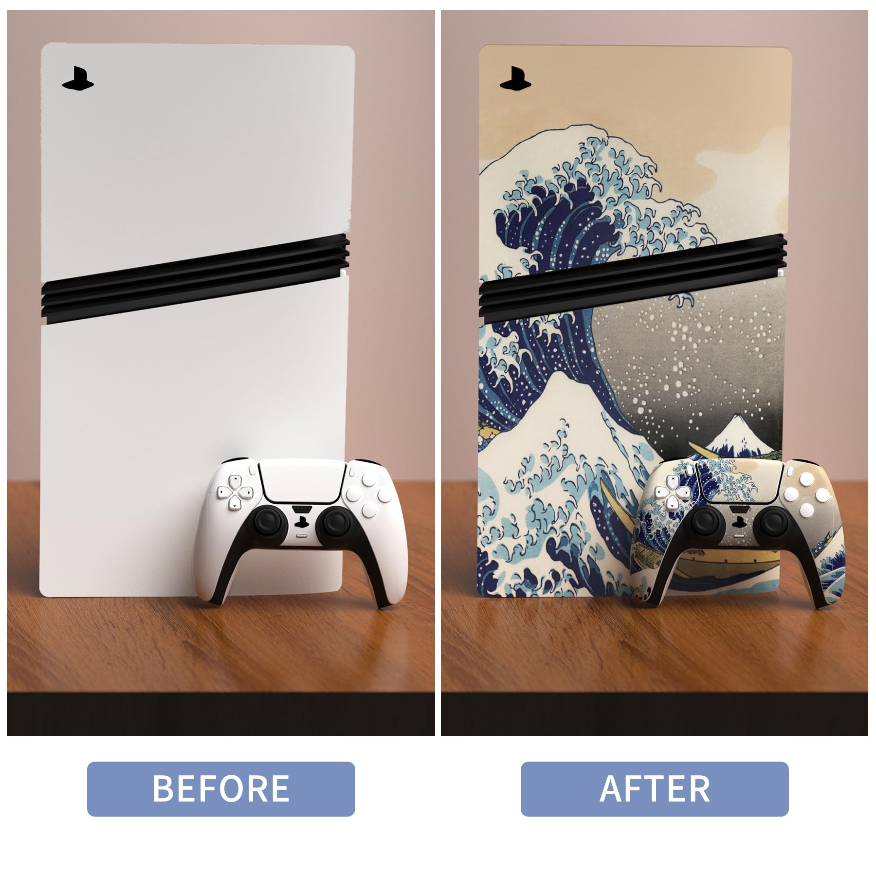 PlayVital Full Set Skin Sticker für ps5 Pro Konsole Digital & Disc Edition, Vinyl Aufkleber Schutzfolie Zubehör für ps5 Pro Controller & Headset & Ladestation & Fernbedienung-The Great Wave