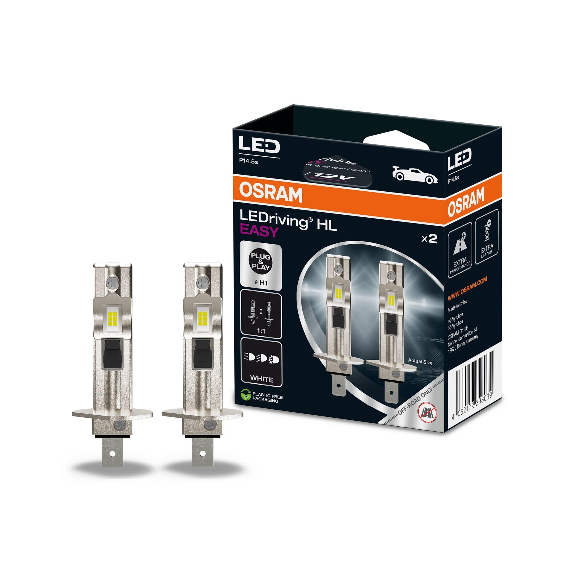 OSRAM LEDriving HL EASY ≜ H1, lampada LED abbaglianti e anabbaglianti, bianco freddo 6500K, nessun accessorio necessario, solo per uso fuoristrada - no ECE, 2 lampade