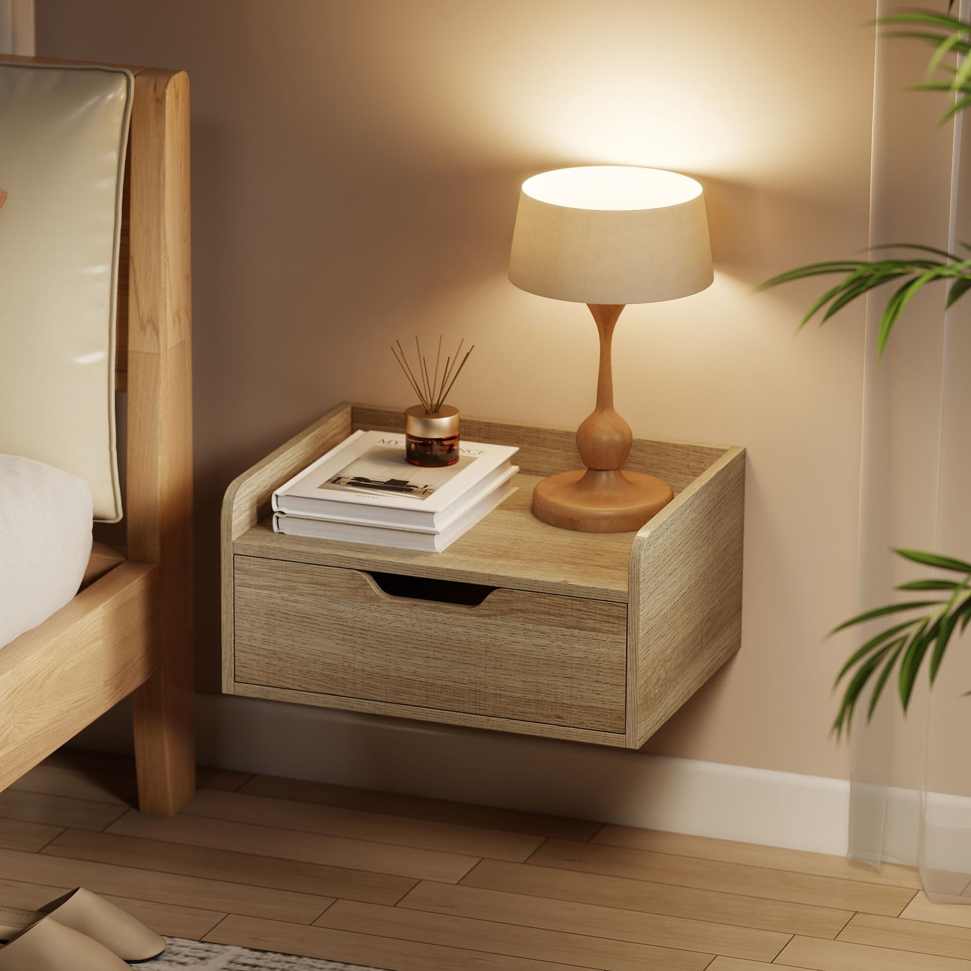 HOMCOM Set di 2 comodini da parete, comodini sospesi con cassetto e piano rialzato, stile moderno, per camera da letto, soggiorno, 40 x 30 x 19,5 cm, legno naturale
