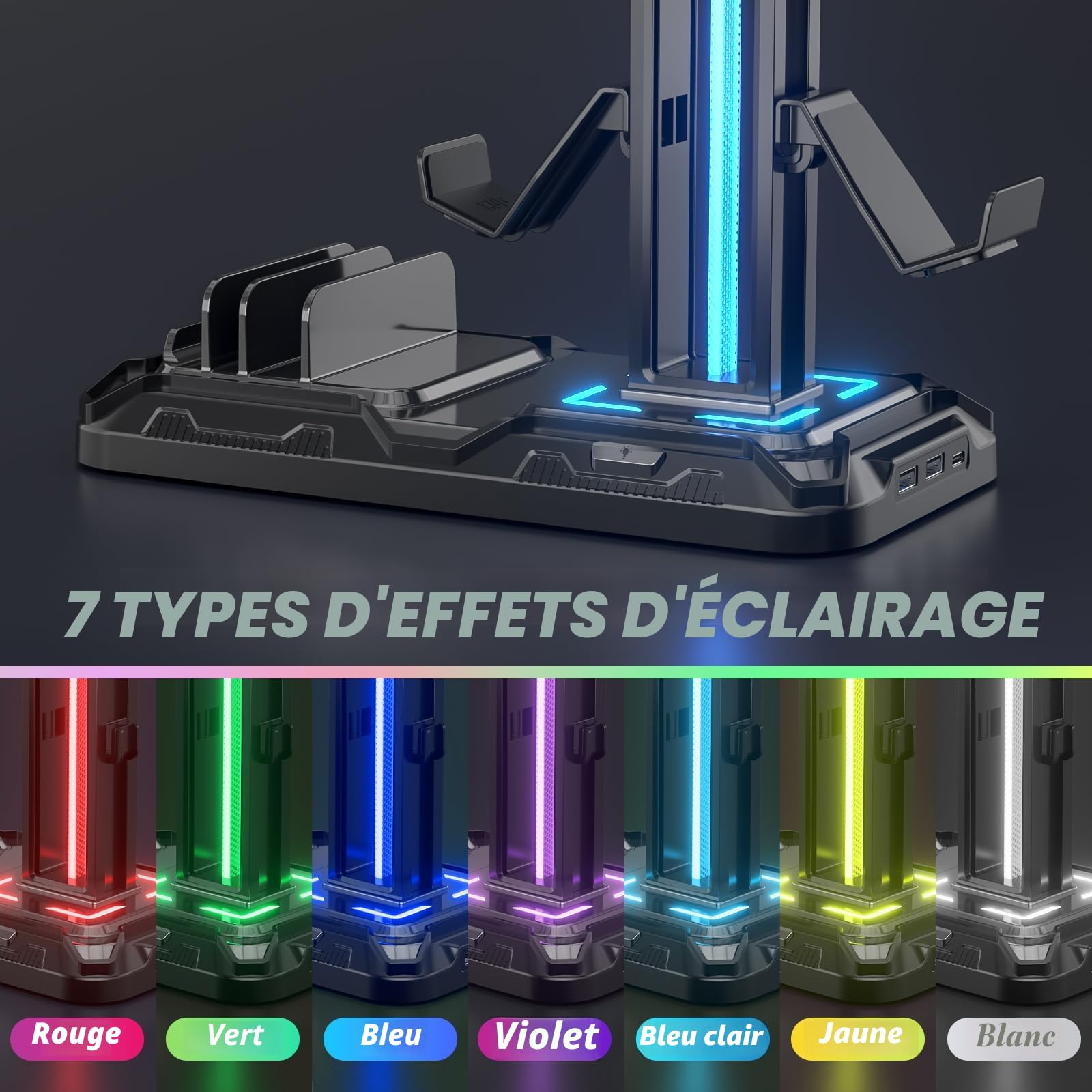 KDD Support Casque Bureau avec Support Téléphone - Support Manette Détachable avec 9 Modes d'éclairage, Repose Casque Gaming avec Ports de Charge USB, Porte Casque Rotatif pour PC Gaming Accessoire