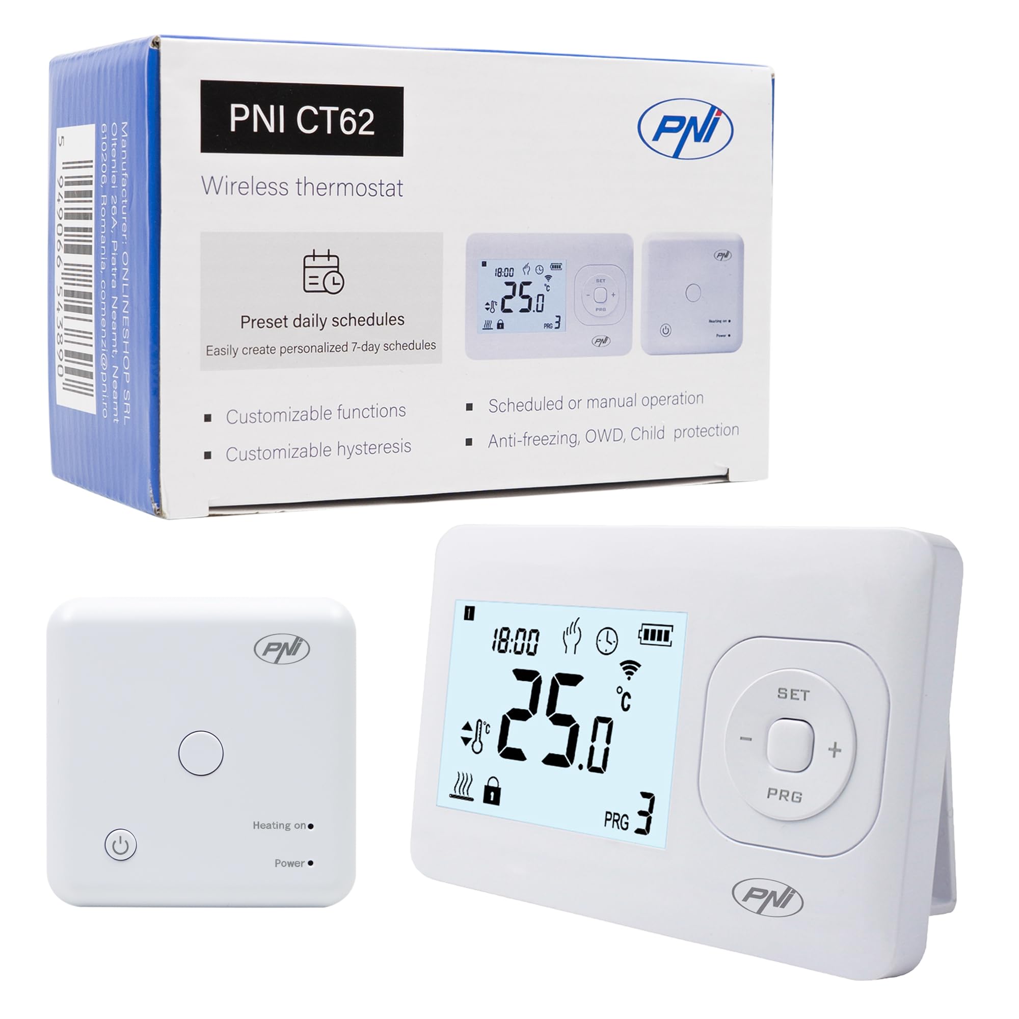 Thermostat sans Fil PNI CT62 pour systèmes de Chauffage, Affichage Lumineux, programmes journaliers