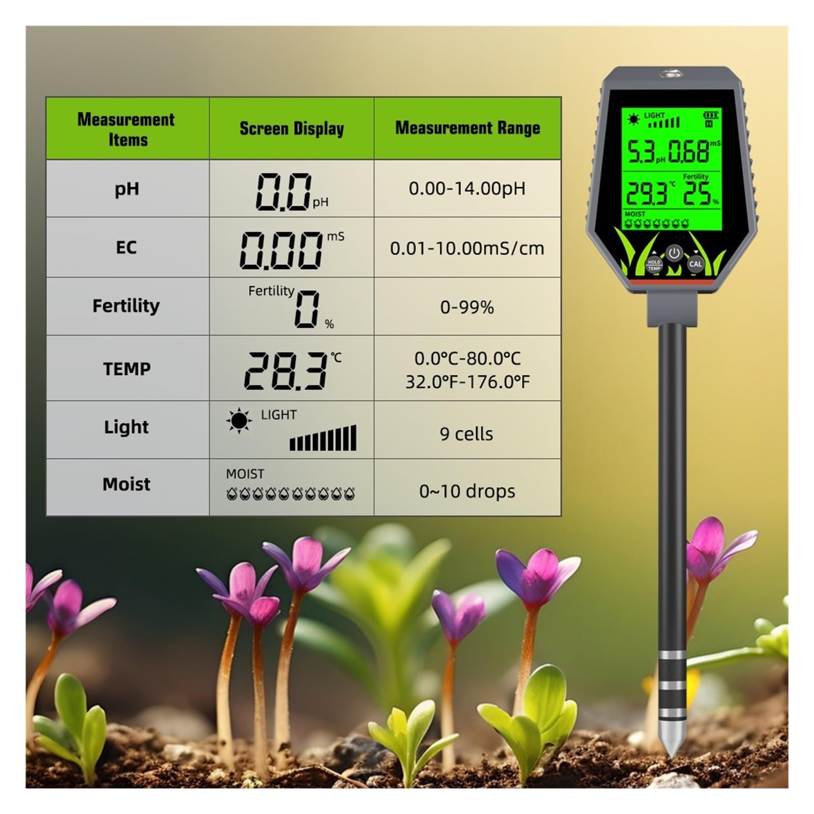 Humidimètre pour Sol, Testeur numérique Multifonctionnel de pH et d'humidité du Sol, détecteur de fertilité du Jardin, Moniteur de lumière du Soleil pour Le Jardinage et l'agriculture