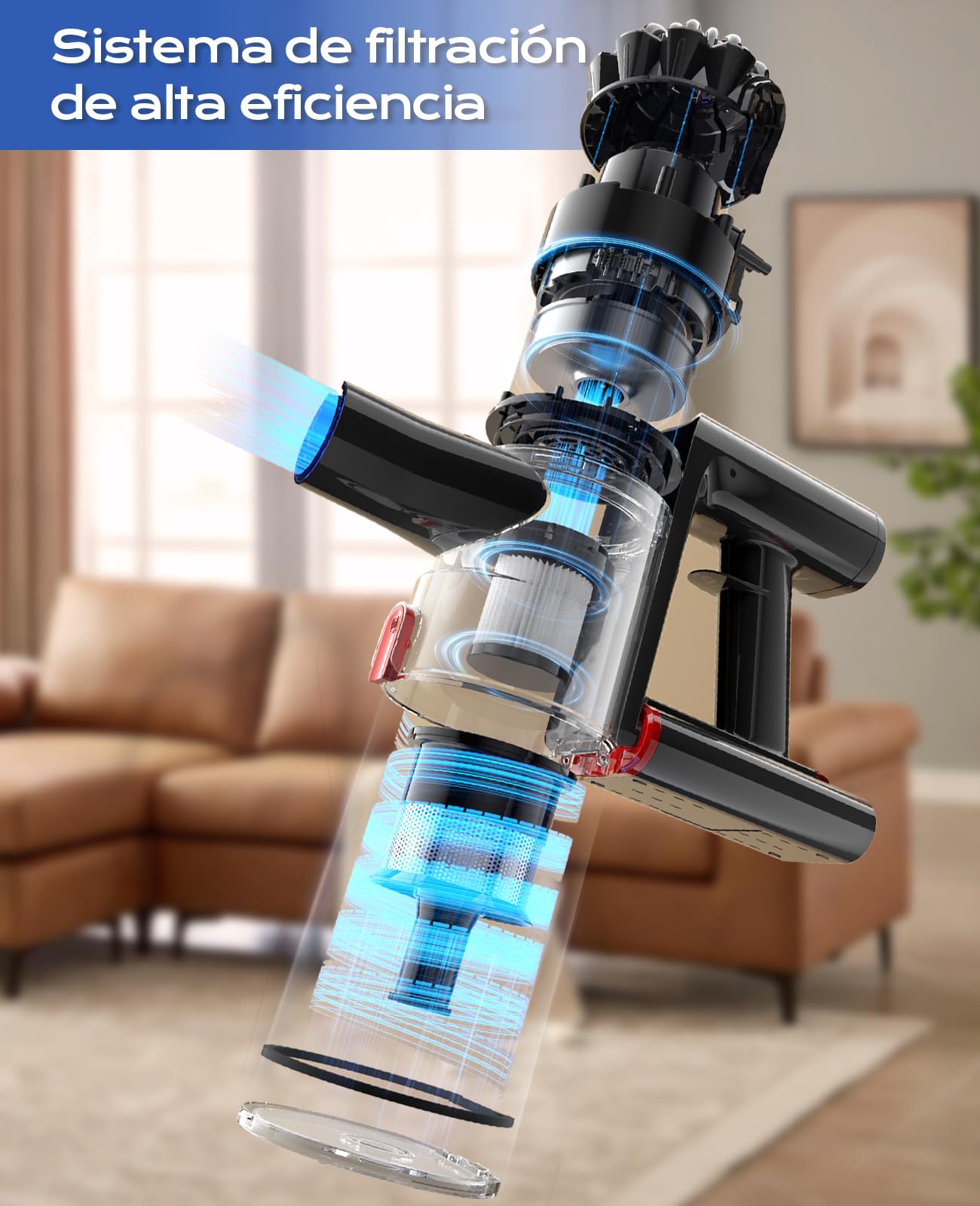 50Mins Aspiradora sin Cable, 40KPA Aspirador sin Cable, 450W Escoba Aspiradora sin Cable con Cepillo para Suelos Mejorado, Aspirador Vertical con LED Verde, para Suelo/Pelo, Azul