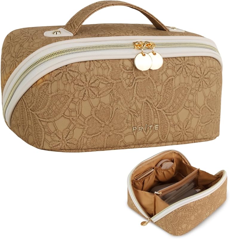 Necessaire de maquiagem Prite com abertura plana e organizador de cosméticos, marrom floral