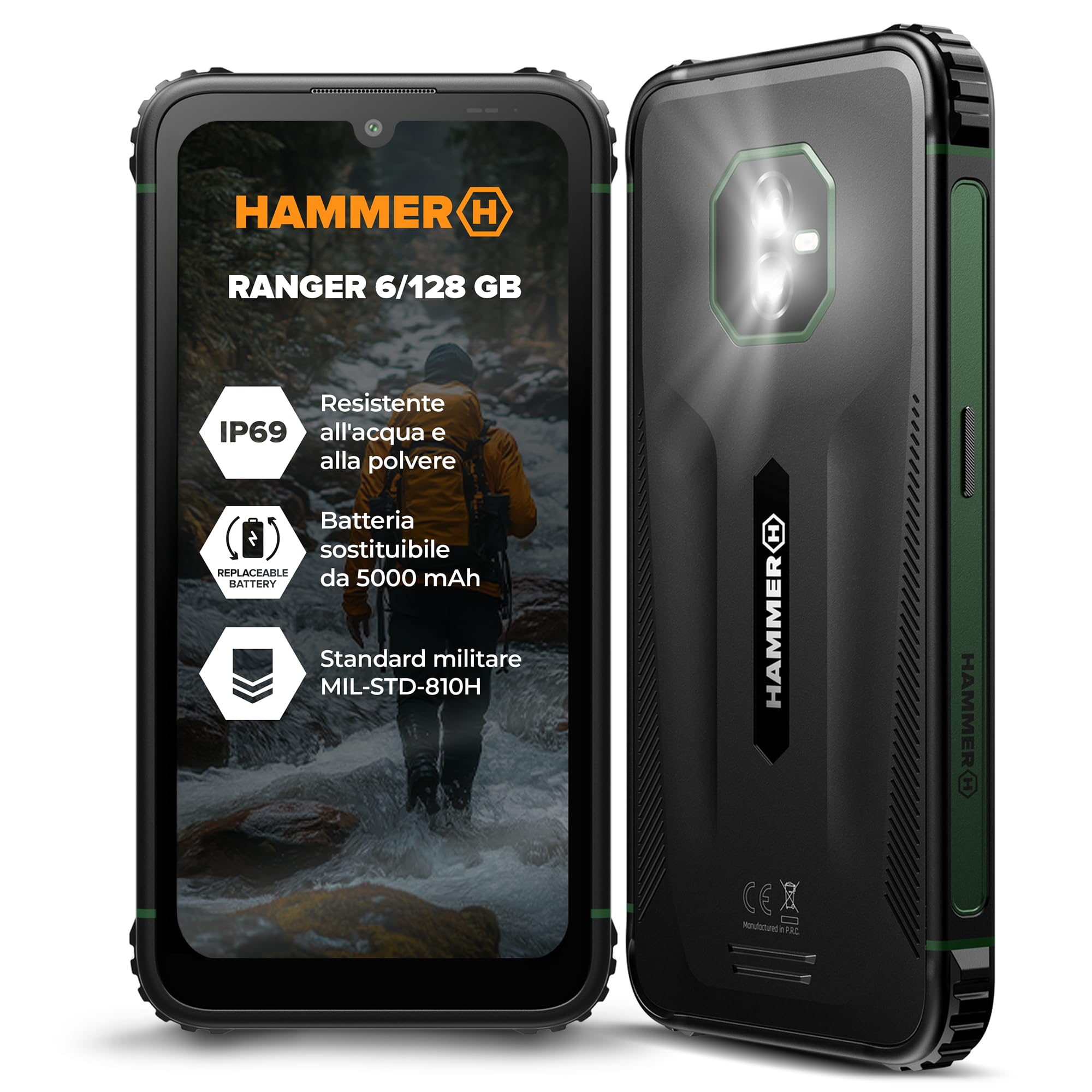 Hammer H Ranger Outdoor Cellulare, Smartphone, 4G LTE, 6/128 GB, 5000 mAh, Display da 6 pollici, 50 MP, Ultrawide, IP69, Gorilla Glass 5, NFC, Biometria, Jack da 3,5 mm, Dual SIM, eSIM
