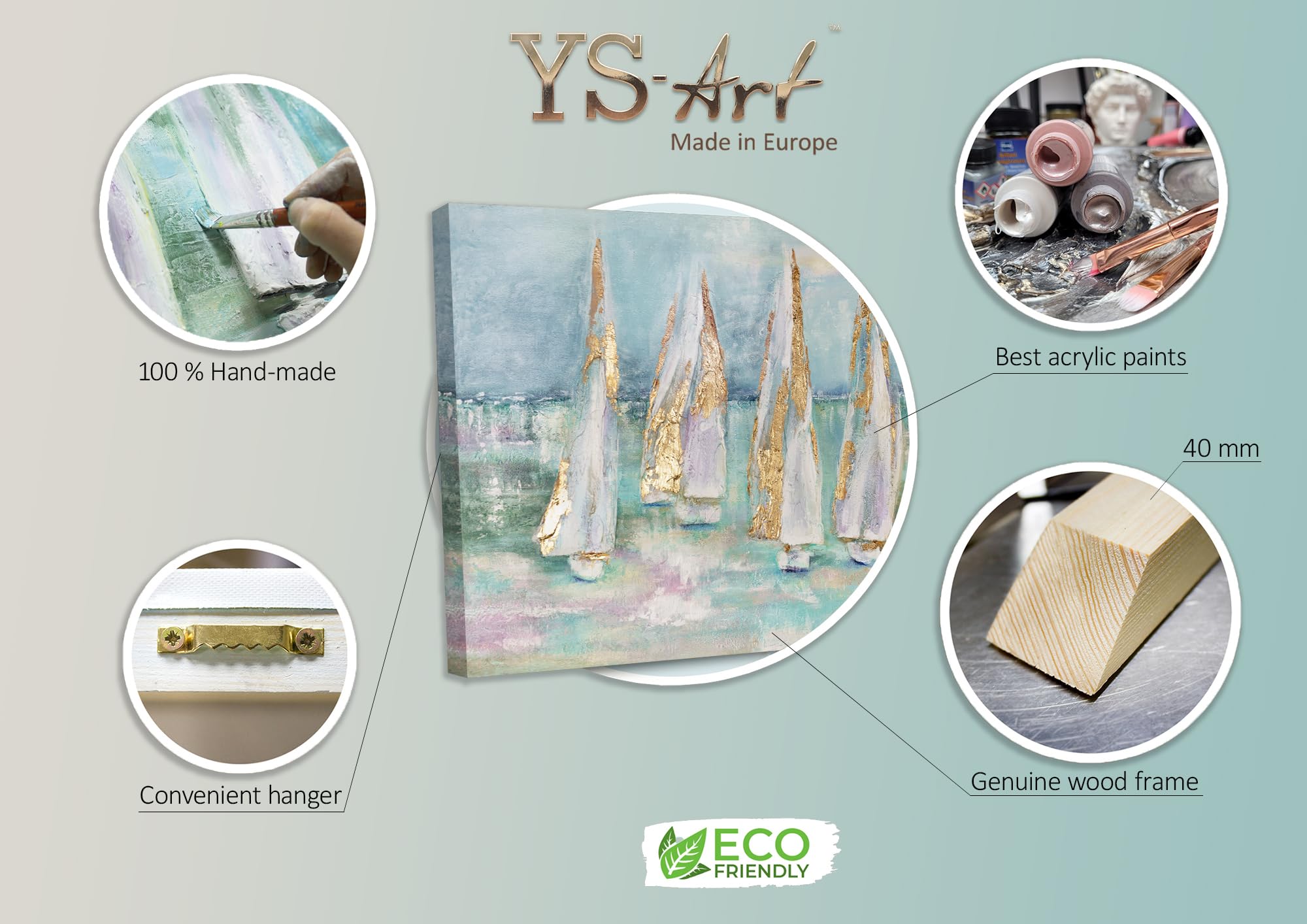 YS-Art Bellissimo murales per il Soggiorno barche a vela paesaggio marino in blu con oro moderno arredamento casa Immagini arte moderna 200x100 cm