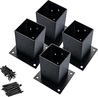 4x4 Wood Fence Post Anchor Base, 13GA Thick Steel and Black Powder Coated,Come with Wood Screws and Concrete Anchors (4)
