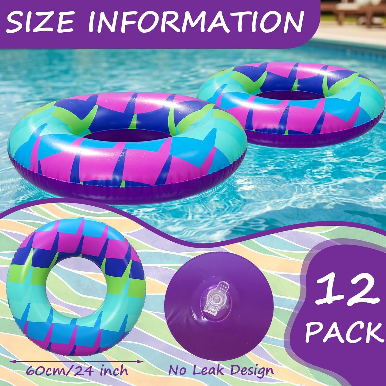 12 Pack 23.6 Inches Colorful Inflatable Pool Floats Summer Pool Tubes Durable Swim Rings for Swimming Party