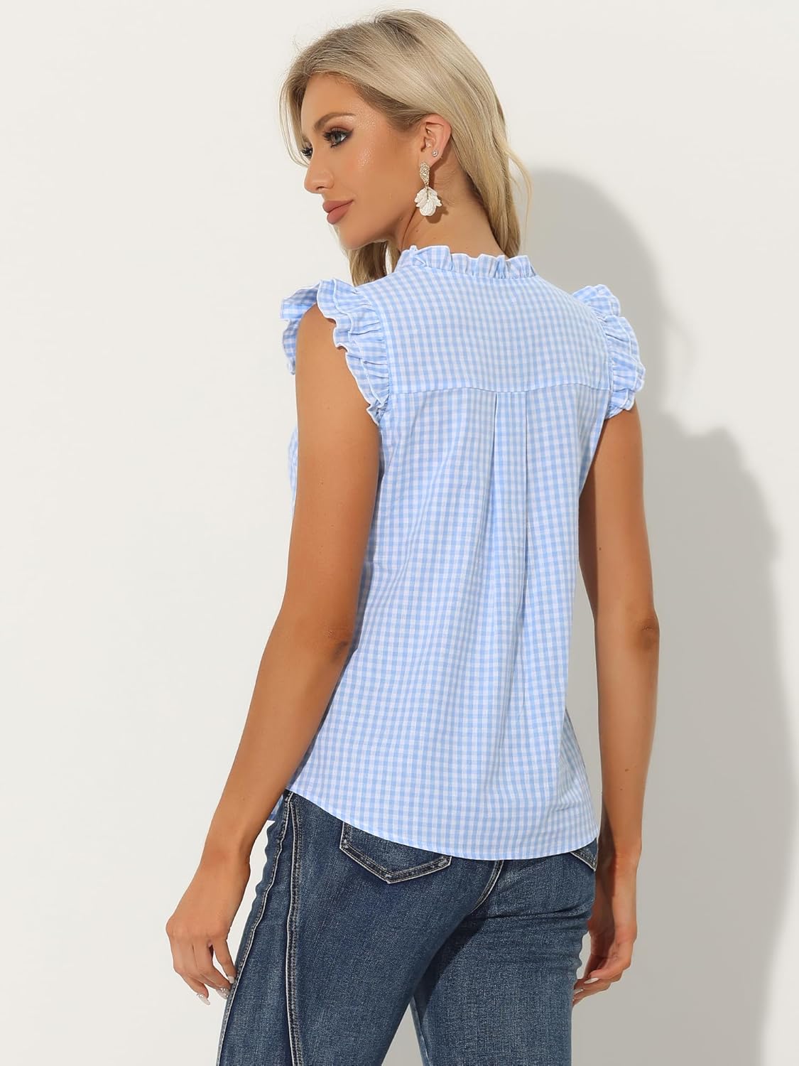 Allegra K Gingham 50s Tops for Women's Cute Cap Sleeve Ruffle Plaid Shirt - Image 2