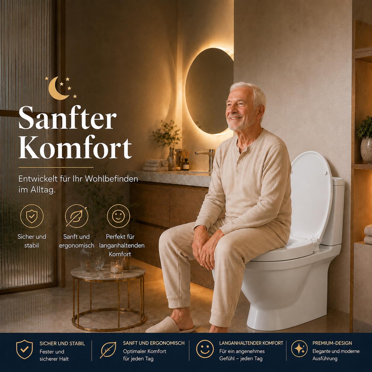 WC-Sitz erhöht 5cm für ältere/behinderte Menschen, WC-Sitzerhöhung Toilettensitz aus Duroplast, leiser Absenkautomatik, verstellbare Edelstahl-Scharniere (250 kg, Universal) (O-Form)