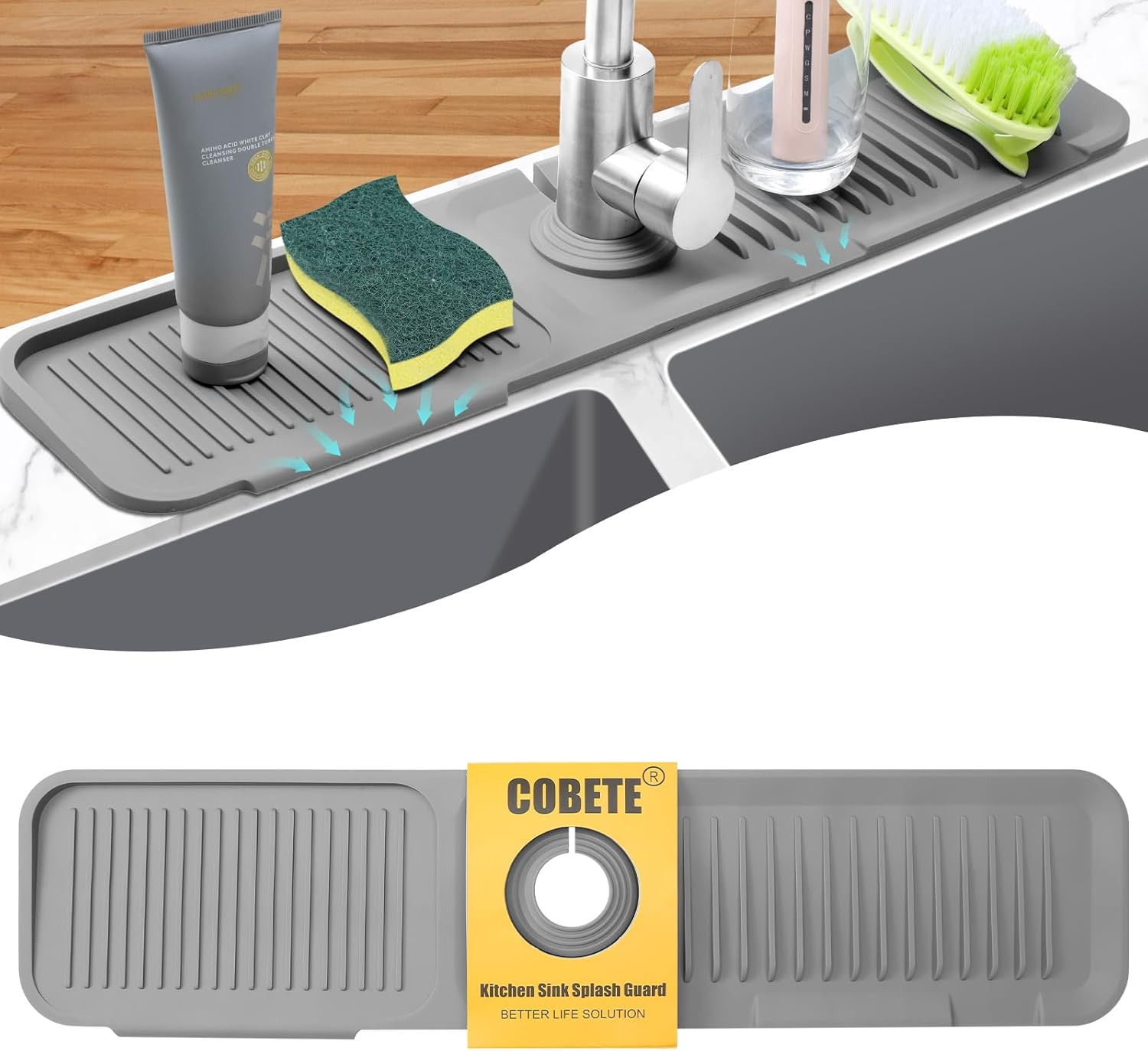 COBETE Kitchen Sink Splash Guard, 5°Slope 24in Faucet Mat Splash Catcher, Handle Drip Catcher Tray, Multipurpose for Kitchen Dish Drying Mats Sponge Holder and Bathroom Countertop Protect