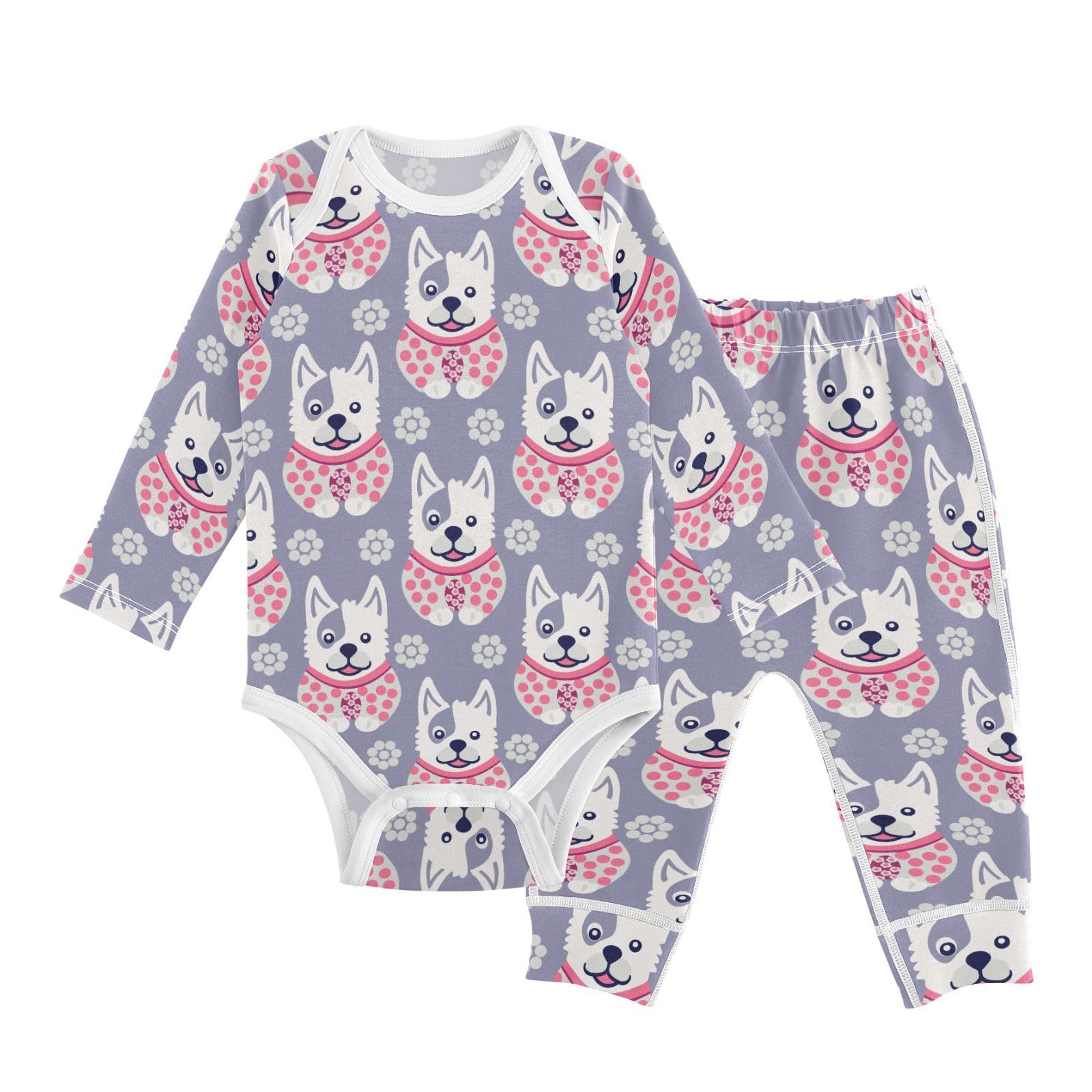 vvfelixl Baby Bodysuits Pants Sets Cute Dogs with Flowers Baby Bodysuit Long Sleeve Baby Clothes for Boys Girls 12-18M