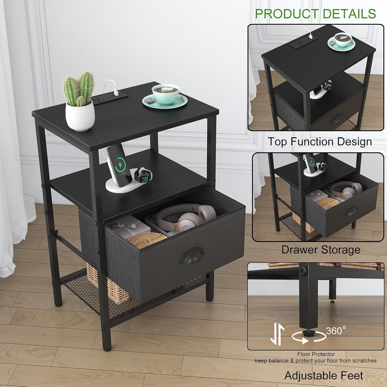 sthmec Nightstands Set of 2, Black Night Stands with Charging Station, Bedside Tables with Drawers PU Finish, 2-Tier Side Table with Open Shelf, Nightstands with Drawer,Black